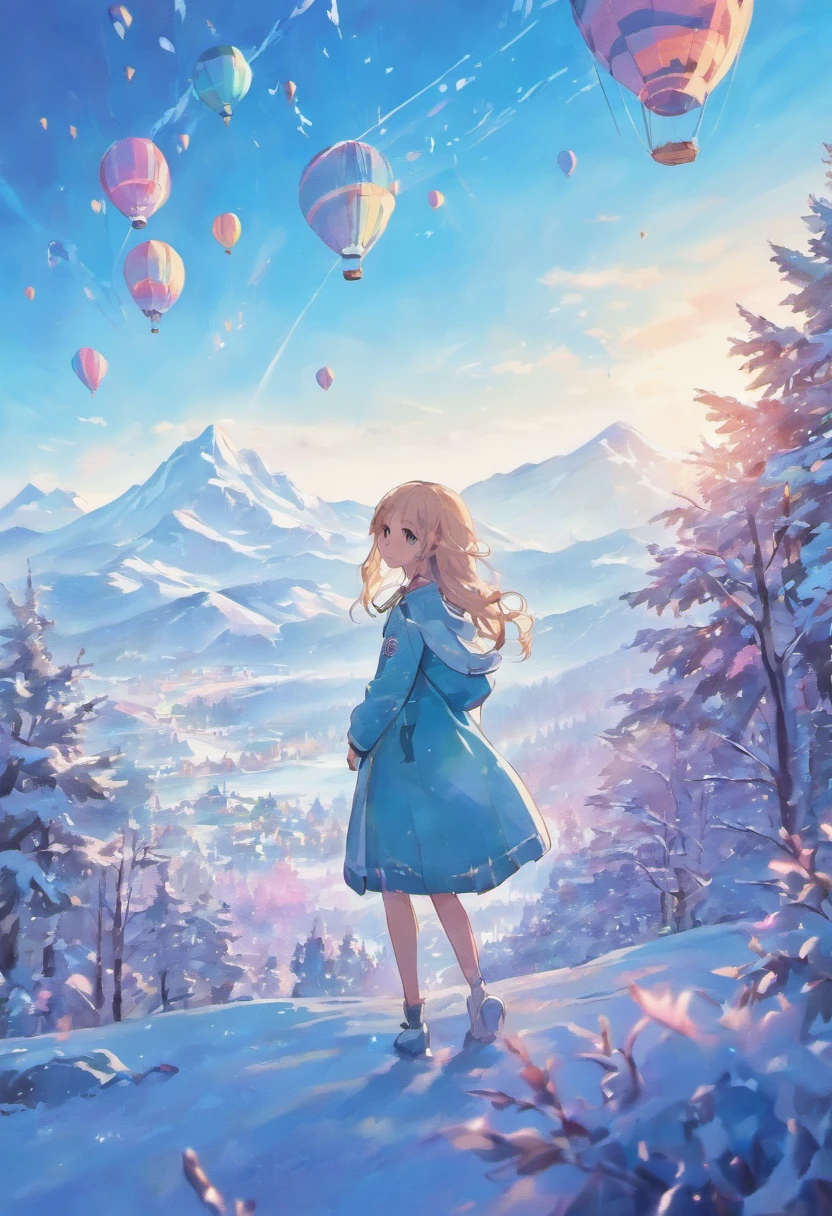 A girl in a garden,illustration,glacial landscape,snow-capped mountains,crystalline ice formations,giant icebergs,floating glaciers,icy blue hues,(best quality,4k,8k,highres,masterpiece:1.2),ultra-detailed,realistic:1.37,brushstrokes,subtle textures,dreamlike atmosphere,vivid colors,soft sunlight filtering through the trees,impressionistic scenery,floating hot air balloons,filled with vibrant patterns and colors,uplifting and whimsical,adding a touch of surrealism,creating a sense of wonder and adventure,juxtaposition of nature's beauty and human-made creations.