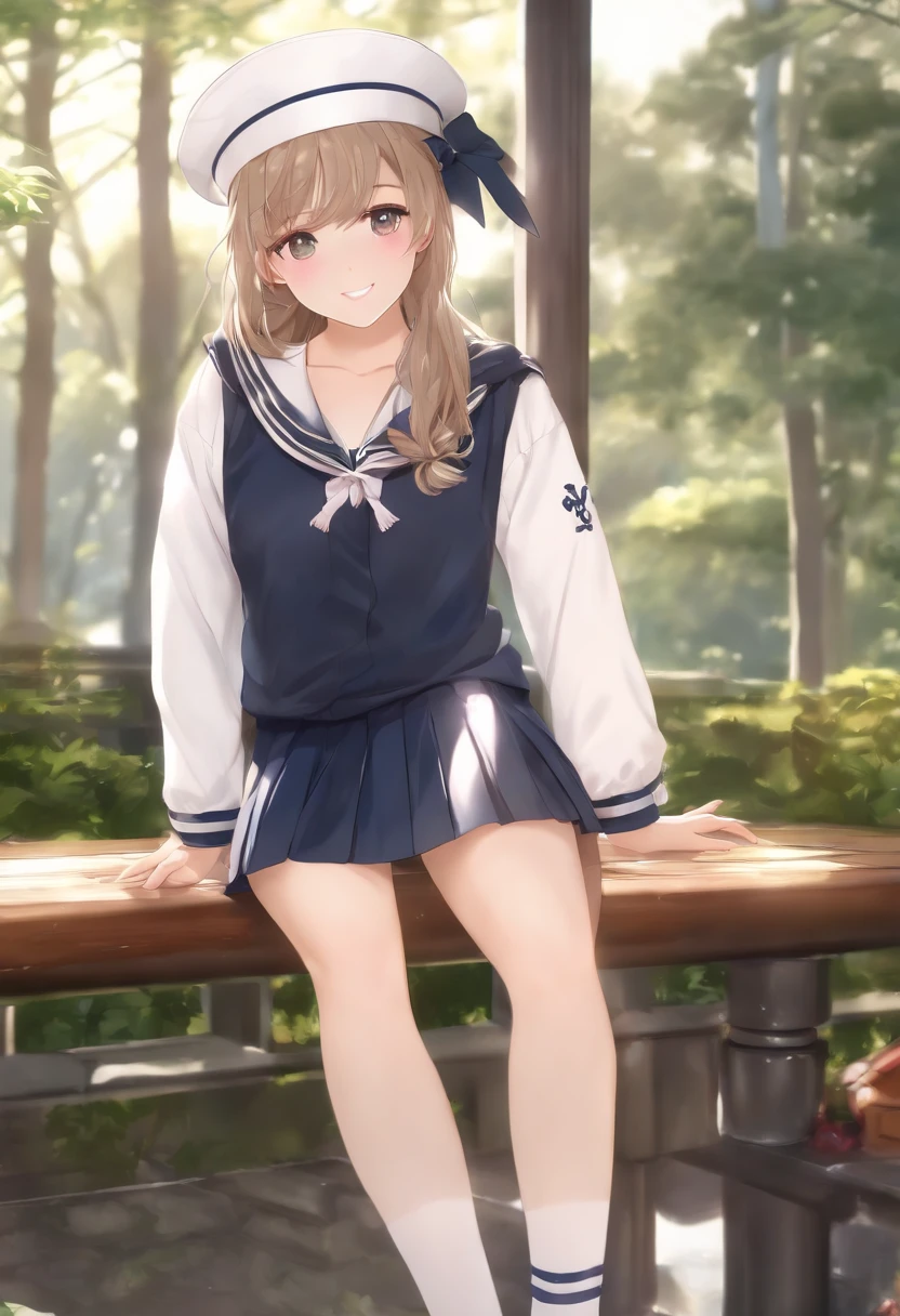 1girl,((school uniform, bare tits)), big boobs, NSFW, blush,light smile, sitting,outdoors, thick thighs, sexy, nsfw, nude, tits