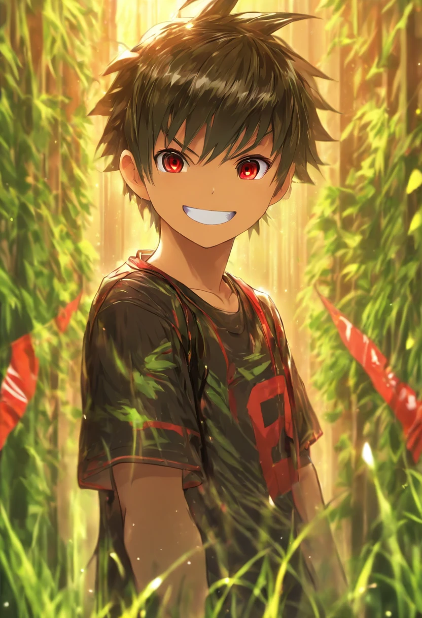 1boy,,(upper body: 1.8),short hair,T-shirt,Open your mouth and smile:1.8,hair between eyes,Black hair,Summer,red eyes,Grass, insect net, insect basket, sunlight, in front of elementary s