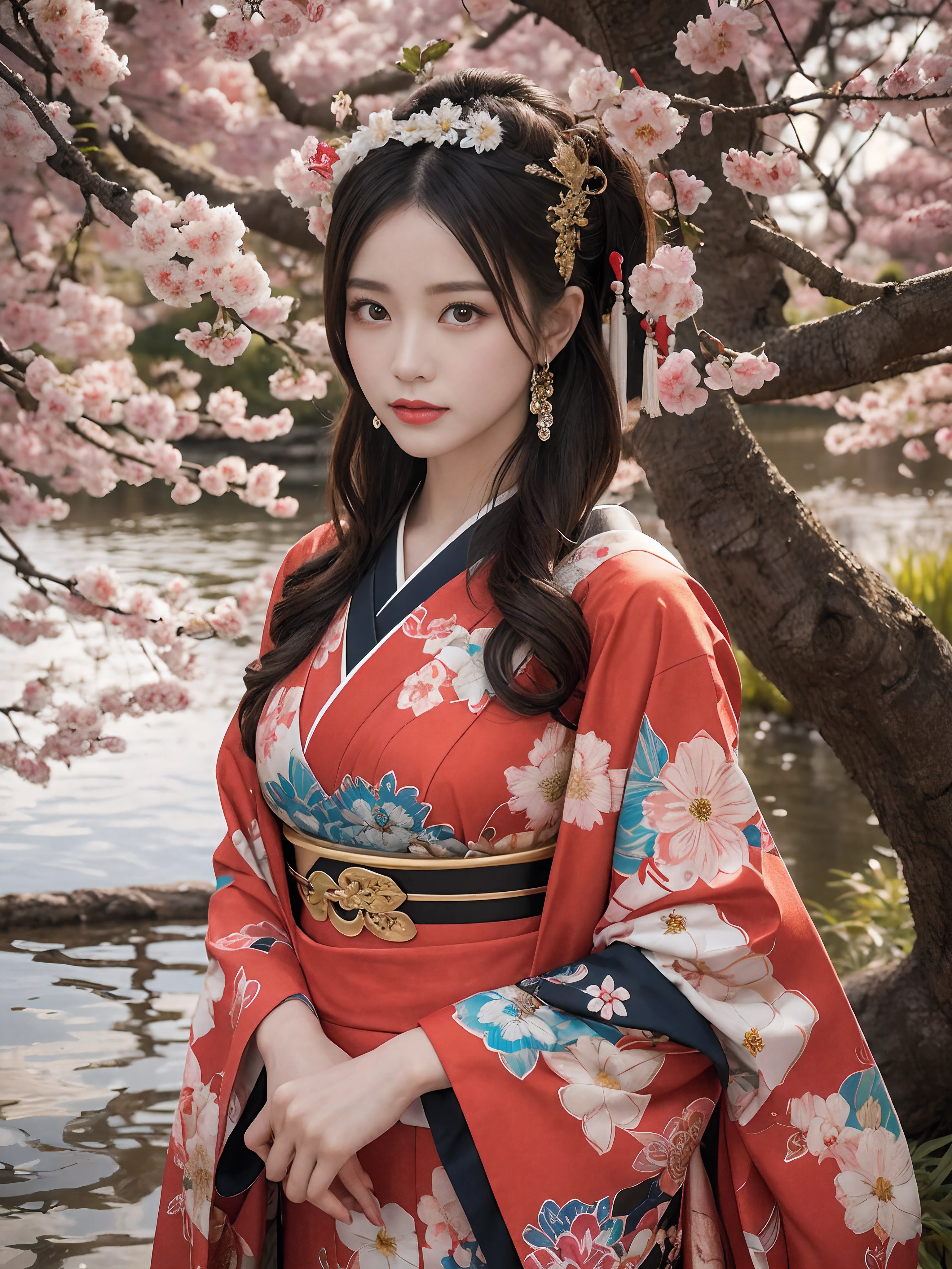 In a futuristic scene, Geisha in Japan with mechanical reinforcement、Elegant in elaborate gardens. She has beautifully detailed eyes and lips that complement her face. Geishas wear traditional kimonos with intricate patterns and designs. Around her are bright cherry trees and a quiet carp pond. The scene is painted with a blend of illustration and photorealism, Ultra-detailed brush strokes and clarity, Vivid colors. Lighting emphasizes the elegant features of the geisha, Gives her porcelain skin a soft glow. Artwork is of the highest quality, 4K or 8K resolution, Showcase the intricate details of geisha attire, cherry trees, And the shimmering scales of carp. The overall color scheme is、It is a combination of traditional shades of Japan, Crimson, etc., blacks, and subtle gold accents, With a futuristic twist. The fusion of ancient traditions and modern technology is、Create captivating and visually striking masterpieces.shoulders are exposed, Chest is visible、You can see the valley、are visible、Shoulders exposed、Chest revealed