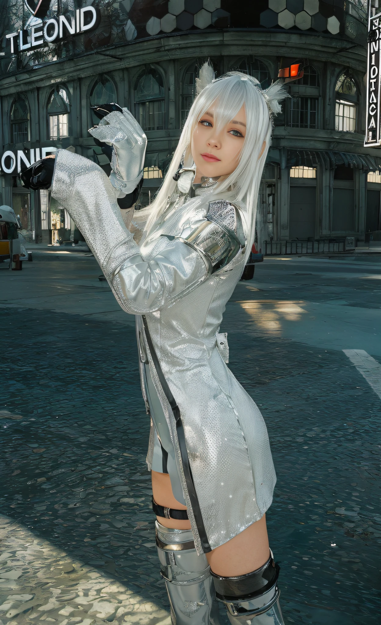 there is a woman in a silver outfit posing for a picture, twintails white_gloves, tifa lockhart with white hair, glossy white armor, sliver ice color reflected armor, shiny white skin, white shiny skin, silver hair girl, perfect white haired girl, style game square enix, chrome outfit, sleek bright white armor, cyborg - girl with silver hair