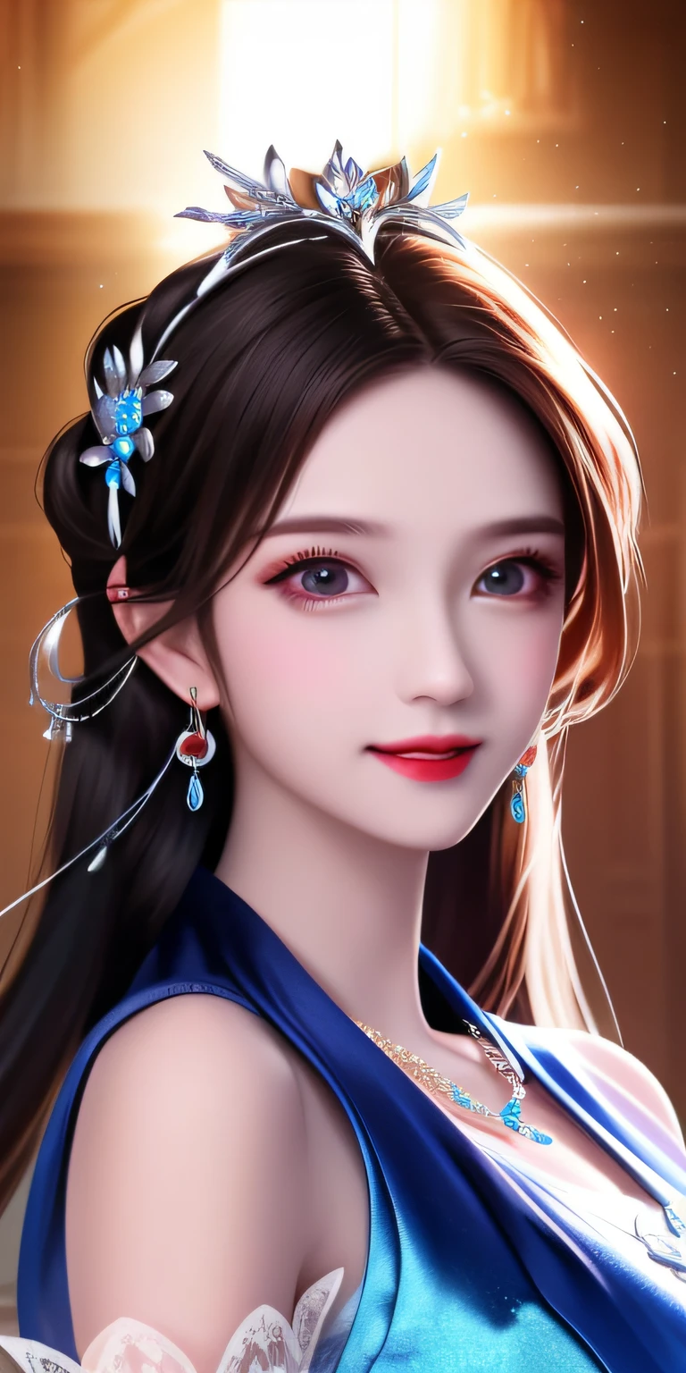 Best Quality, Masterpiece, High Resolution, 1girl, Clear Silk Porcelain Dress, Pretty Face, Hair Accessories, Look at the Audience, Smile, Close Mouth, Lips, Dress, Hair Accessories, Necklaces, Jewelry, Long Hair, Earrings, Beautiful Face, Body, Tindal Effect, Realism, Shadow Studio, Edge Lighting, Two-Color Lighting, (High Detail Skin: 1.2), 8k UHD, DSLR, Soft Light, High Quality, Volume Lighting, Photo, High Resolution 4K, 8k, Blurred Background
