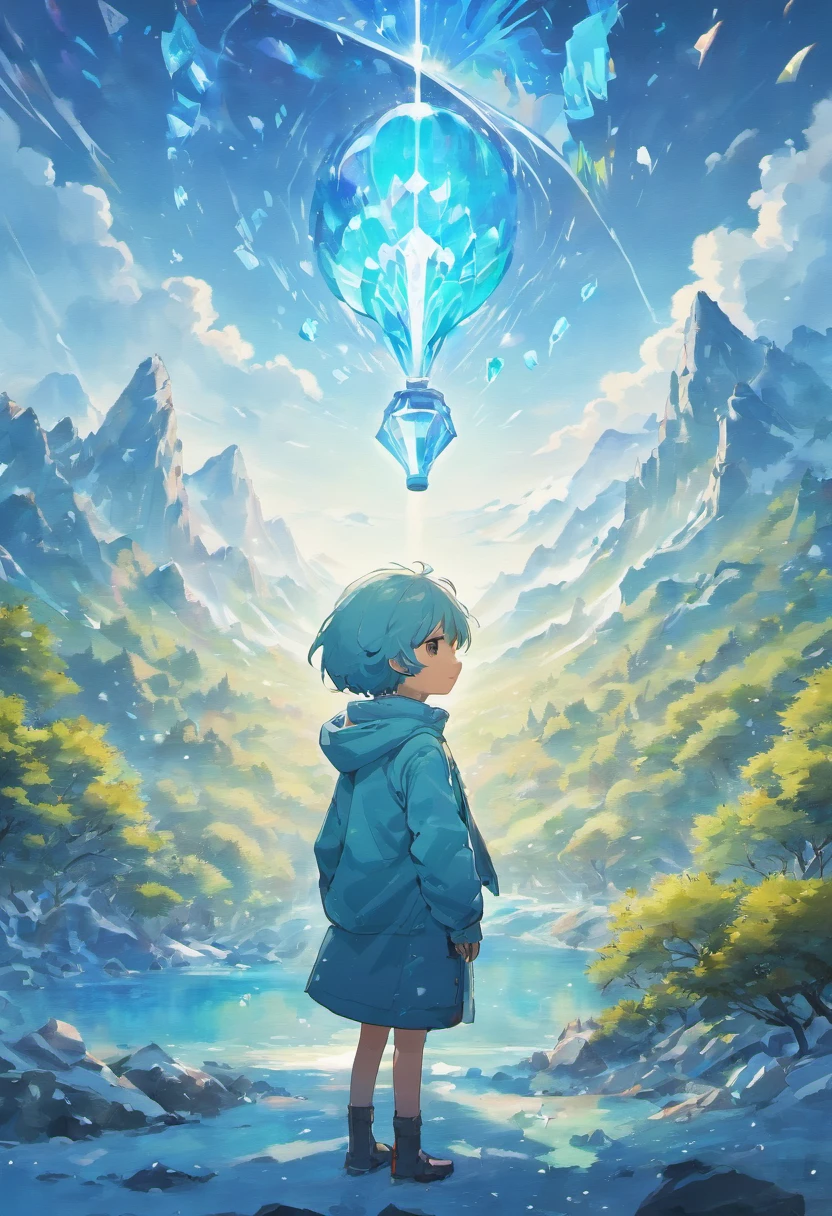 Little boy in the garden,illustration,glacier landscape,Snow-capped mountains,Crystalline ice formation,Giant iceberg,Floating glaciers,Ice blue tones,(Best quality,4K,8K,A high resolution,Masterpiece:1.2),Ultra-detailed,Realistic:1.37,Brush Strokes,subtletextures,Dreamlike atmosphere,Vivid colors,Soft sunlight shines through the trees,impressionistic landscapes,Floating hot air balloon,Full of bright patterns and colors,Uplifting and whimsical,Add a touch of surrealism,A feeling of creating miracles and adventures,The juxtaposition of natural beauty and man-made creation.