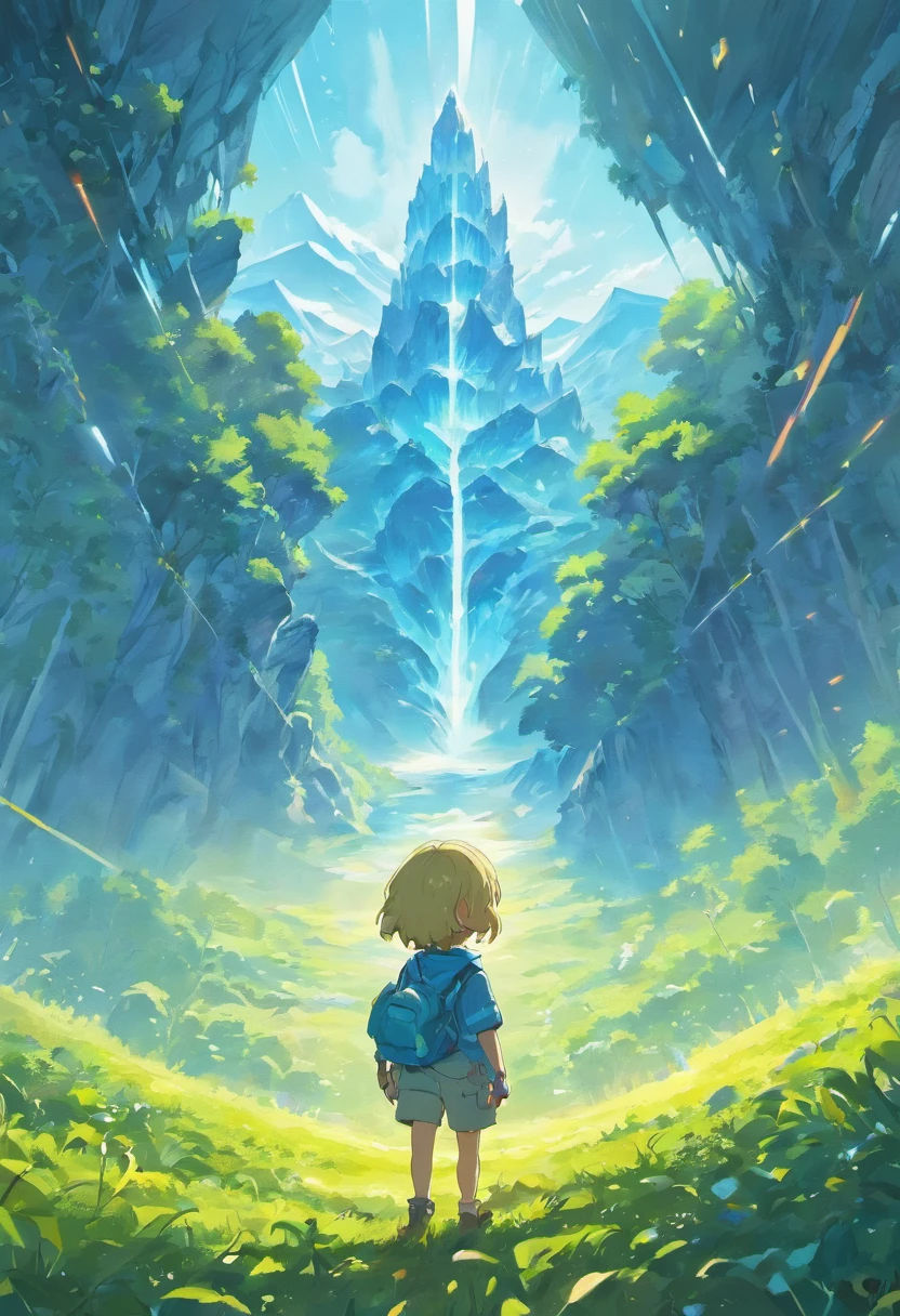 Little boy in the garden,illustration,glacier landscape,Snow-capped mountains,Crystalline ice formation,Giant iceberg,Floating glaciers,Ice blue tones,(Best quality,4K,8K,A high resolution,Masterpiece:1.2),Ultra-detailed,Realistic:1.37,Brush Strokes,subtletextures,Dreamlike atmosphere,Vivid colors,Soft sunlight shines through the trees,impressionistic landscapes,Floating hot air balloon,Full of bright patterns and colors,Uplifting and whimsical,Add a touch of surrealism,A feeling of creating miracles and adventures,The juxtaposition of natural beauty and man-made creation.