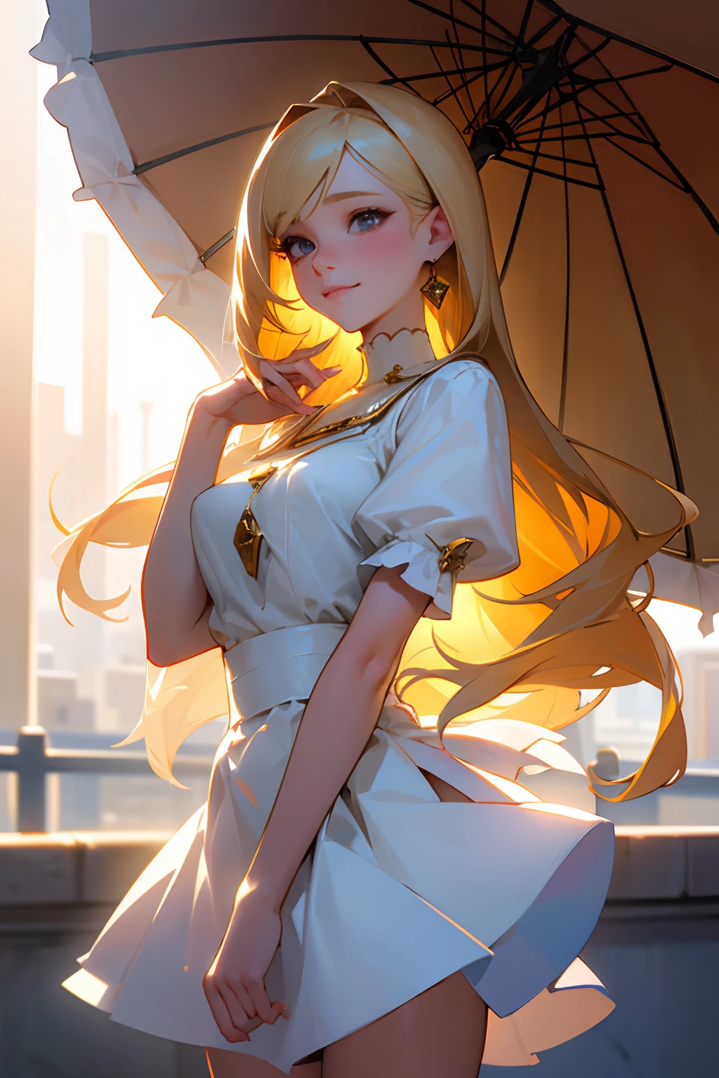 Best quality, Masterpiece, A high resolution, 1girll, White flared chiffon skirt, Smile, Closed mouth,Lips, A blonde long-haired, Detailed beautiful eyes,detailed eyelash, Beautiful face,after sexing_Body, Tyndall effect,Photorealistic, rim lit, twotonelighting,(highdetailskin:1.2), 8K UHD, Digital SLR, Soft lighting, High quality, voluminetric lighting, candid, photographed, high resolution, 4K, 8K, Bokeh, in the middle of the city, mid afternoon