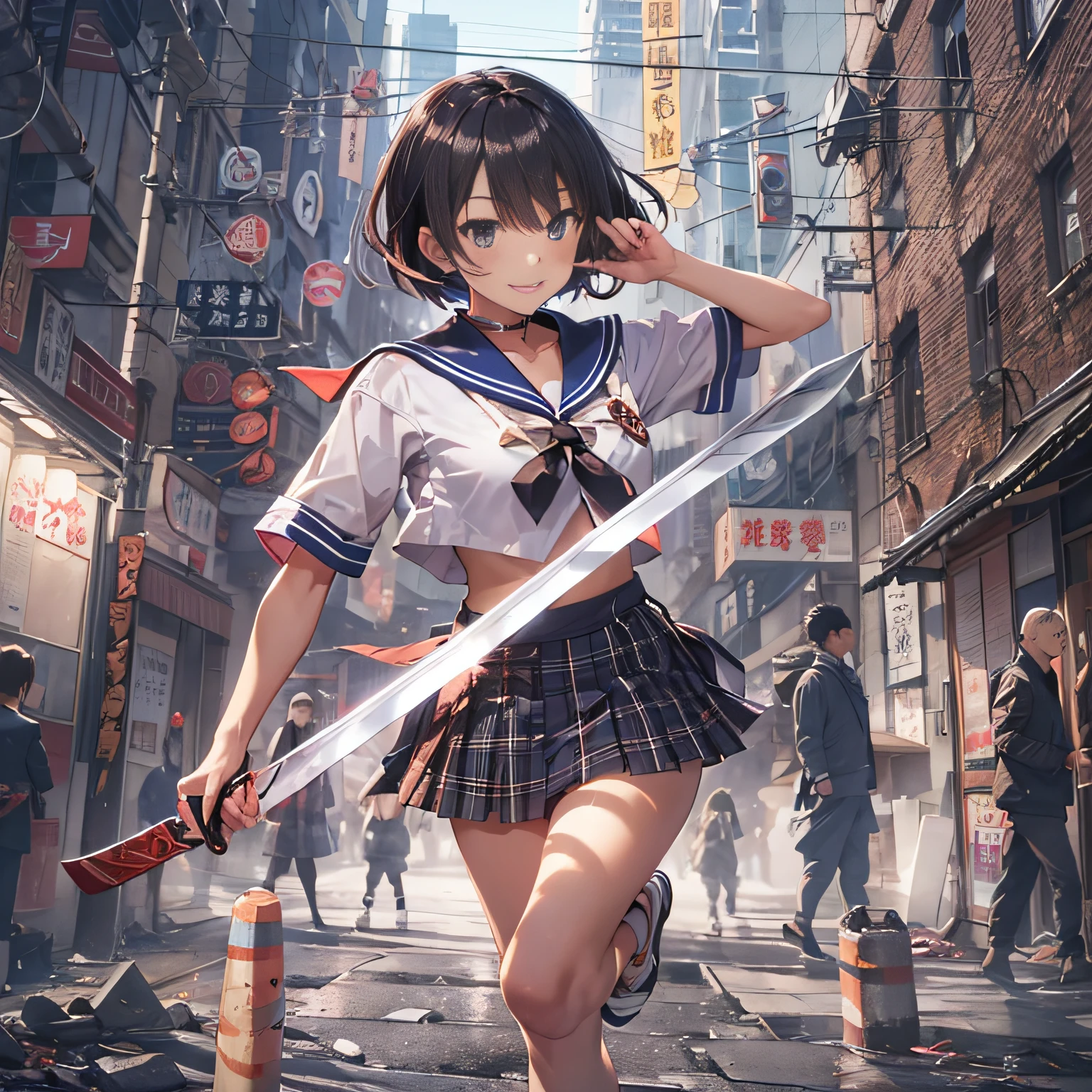 masutepiece, High quality, Cinematic lighting, Front Camera Angle, Ruined metropolis, High school girl holding Japan sword handle in right hand, Beautiful Girl, Unbeatable smile, Good Style, Short hair, cleavage , Short sailor suit, Tartan mini skirt, Dynamic Pose,