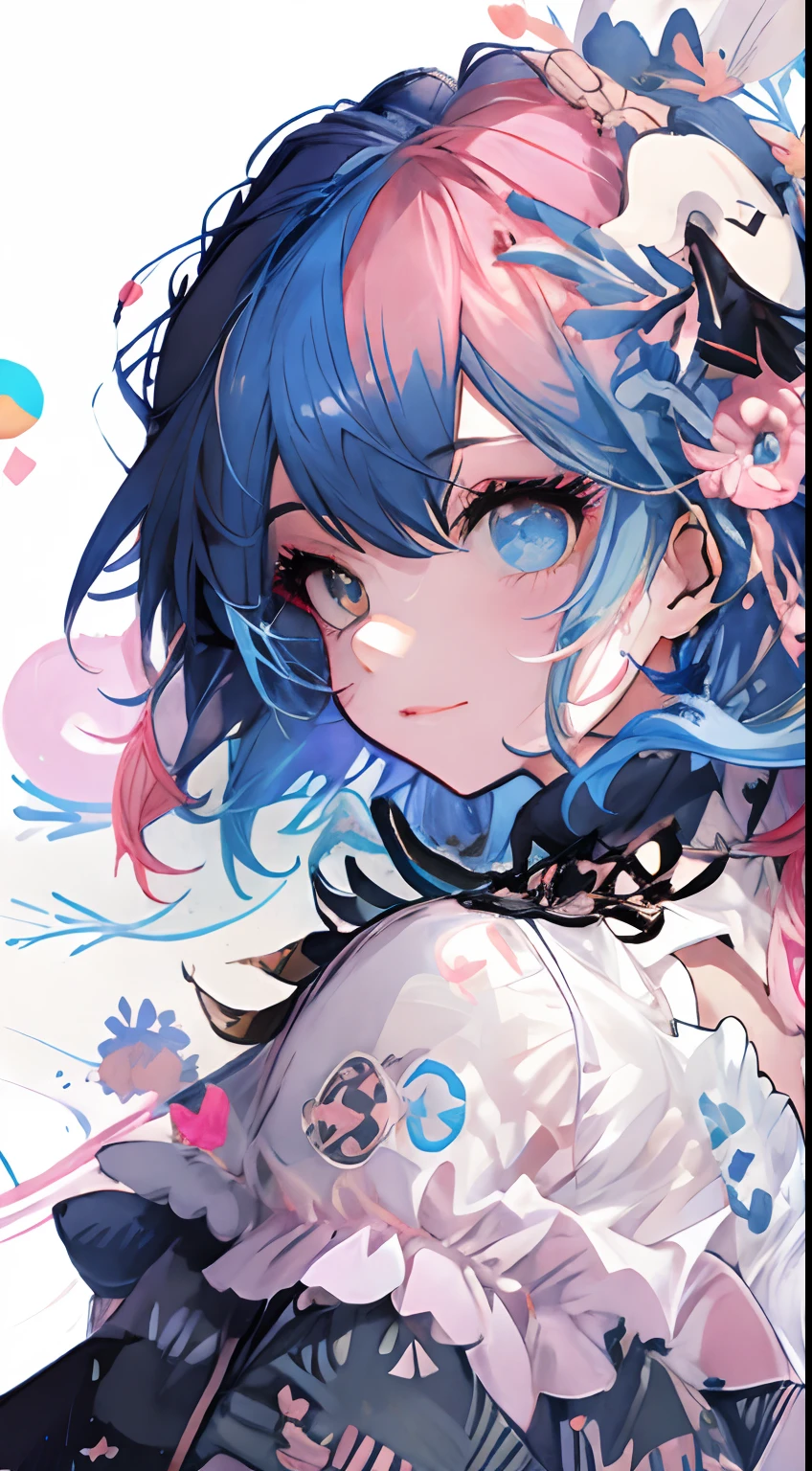 (​masterpiece、、top-quality、top-quality、Watercolor art(Pendants)、Official art、Beautifully Aesthetic:1.2)、(1girl in:1.3)、(Fractal Art:1.3)、full body Esbian、star-shaped pupils、、patterns、(((Center division、colourful hair、Half blue and half pink hair:1.8)))、(student clothes)、colourfull、eye glasses、Writing、heterochromia iridis、(colourfull:1.5)、((rainbow skies))、suns、(Shy face)(a closeup:1.2)