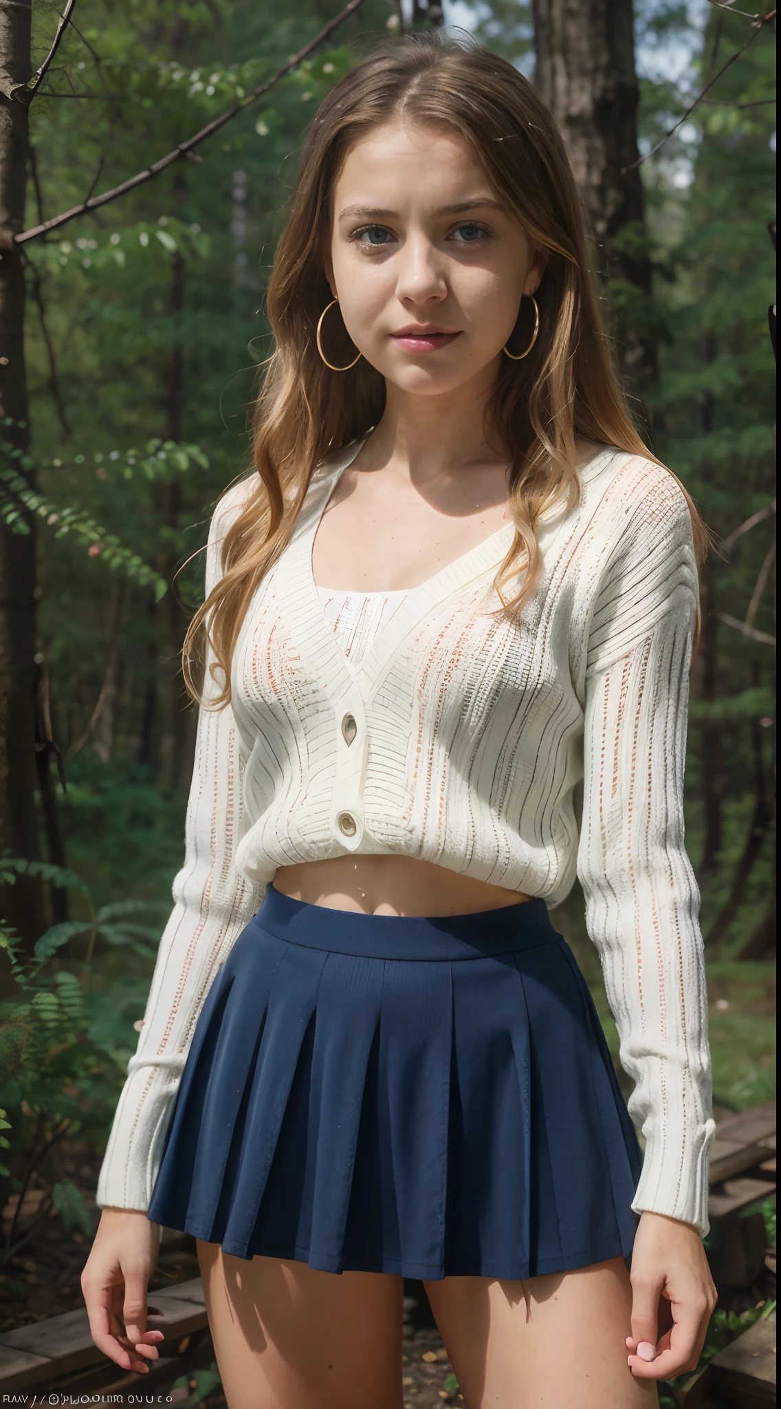 (()), beautiful girl, model body, freckles on face, crying, big blue eyes, small breasts, long legs, big hoop earrings, sweater, pleated skirt, strawberry panties, black tights, shot from above, very white skin, long hair, wavy hair, blonde hair, cabin in the woods, photorealistic, indirect lighting, volumetric light, ray tracing, hyper-detailed, best quality, ultra-high resolution, HDR, 8k