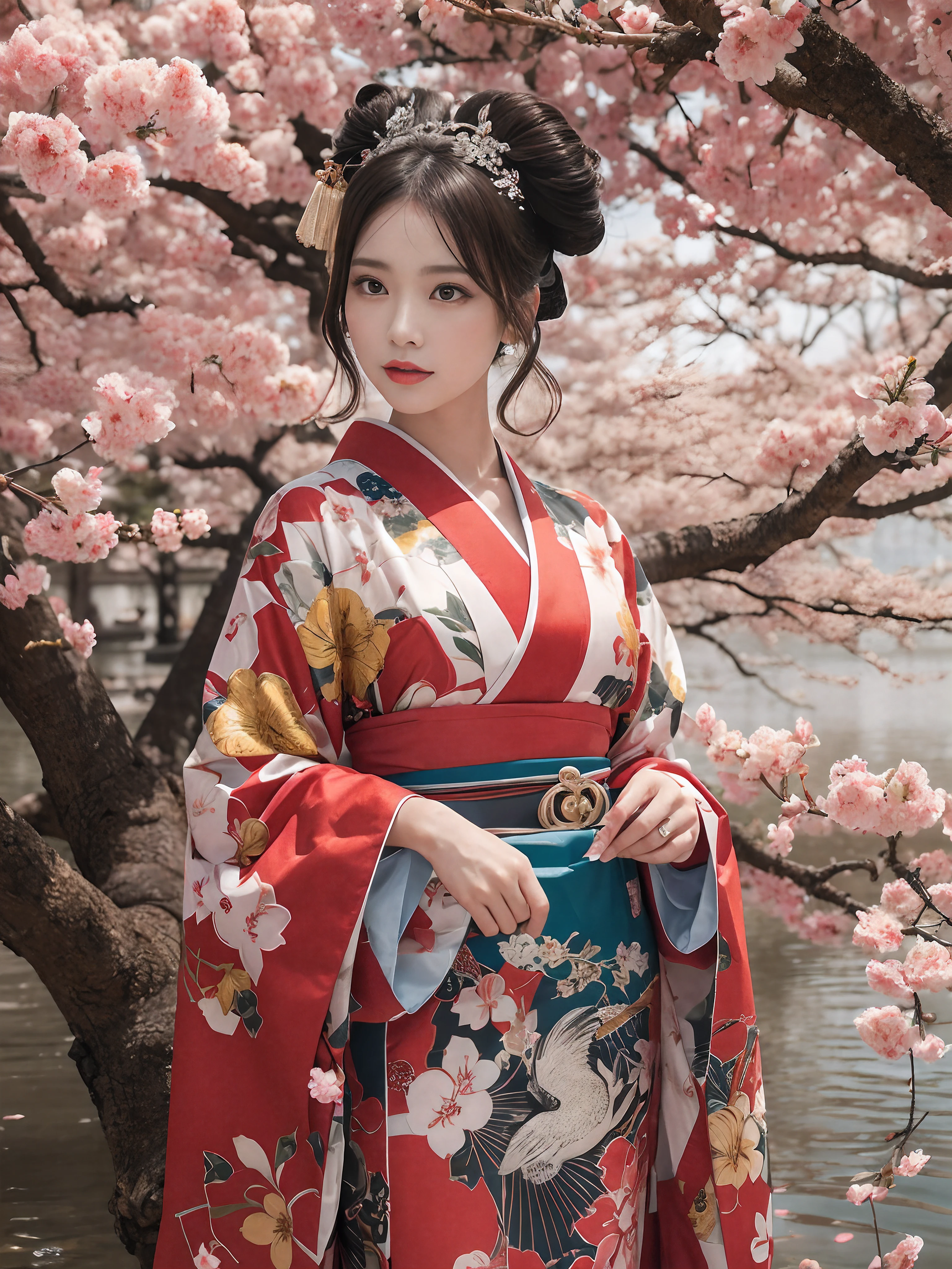 In a futuristic scene, Geisha in Japan with mechanical reinforcement、Elegant in elaborate gardens. She has beautifully detailed eyes and lips that complement her face. Geishas wear traditional kimonos with intricate patterns and designs. Around her are bright cherry trees and a quiet carp pond. The scene is painted with a blend of illustration and photorealism, Ultra-detailed brush strokes and clarity, Vivid colors. Lighting emphasizes the elegant features of the geisha, Gives her porcelain skin a soft glow. Artwork is of the highest quality, 4K or 8K resolution, Showcase the intricate details of geisha attire, cherry trees, And the shimmering scales of carp. The overall color scheme is、It is a combination of traditional shades of Japan, Crimson, etc., blacks, and subtle gold accents, With a futuristic twist. The fusion of ancient traditions and modern technology is、Create captivating and visually striking masterpieces.shoulders are exposed, Chest is visible、You can see the valley、are visible、Shoulders exposed、Chest revealed