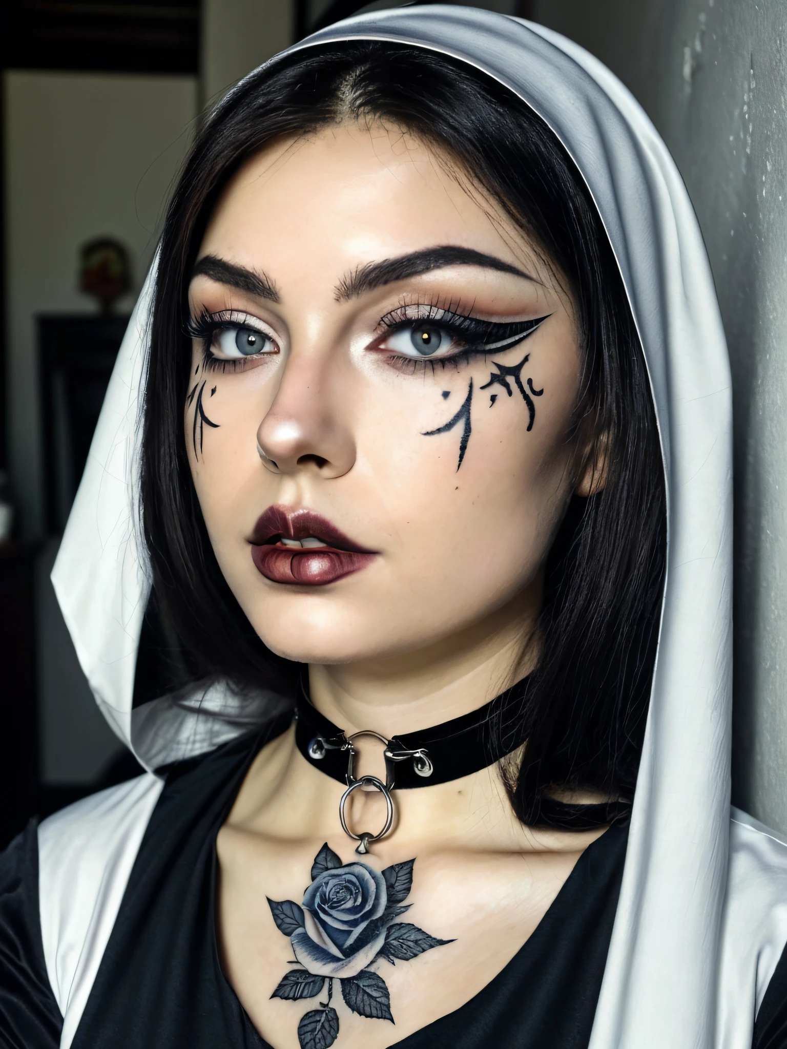 (close-up, photograph, 30 yo woman, nun) ( artistic makeup:1.2) (highly detailed face:1.4) (smirk:0.7)long whitr hair,dark themes,soothing tones,pastel colour,hight contrast,(Natural skin texture,ultra-realistic realism,the soft light,Sharp), nun, by Steve McCurry, canon m50, editorial photograph, f1.8 lens ,black choker ,hyper realistic ,lifelike texture, dramatic lighting , awardwinning photo,red rose,blue rose, Tattoo