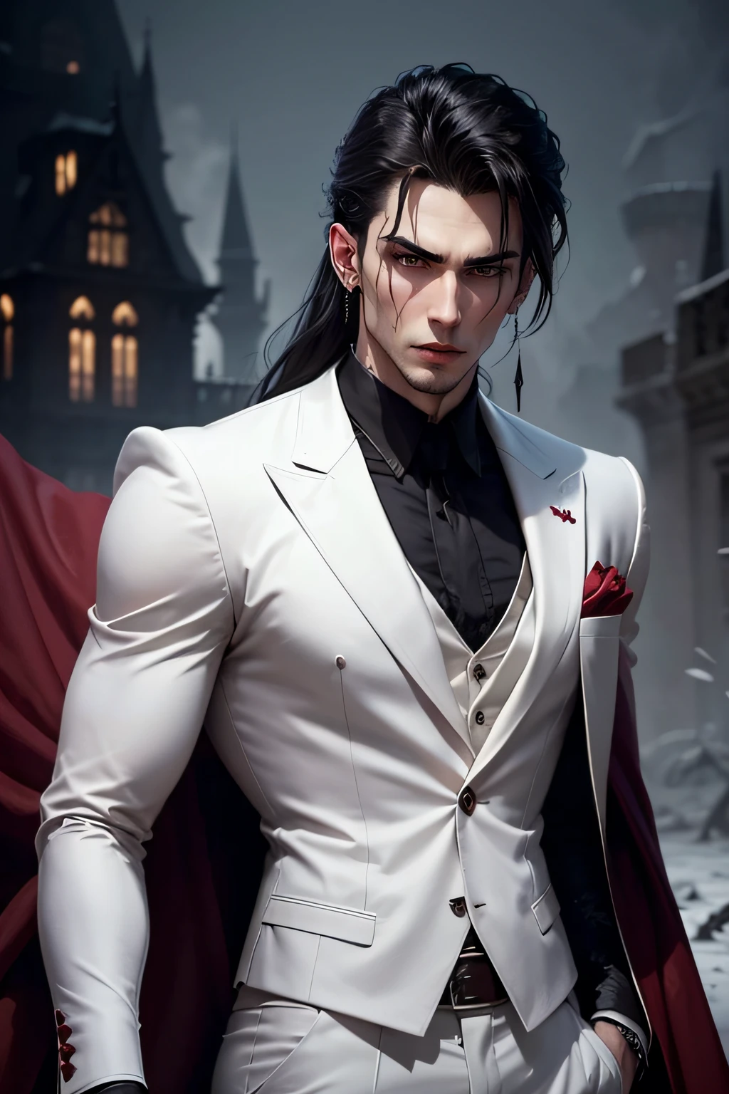 a vampire very handsome, slim, masculine body, detailed face, detailed body, wearing a white suite, blood splatter, black hair, earrings, the background old fancy castle, blood floating.