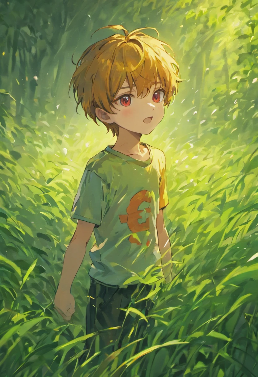 1boy,,(upper body: 1.8),short hair,T-shirt,Open your mouth and smile:1.8,hair between eyes,Black hair,Summer,red eyes,Grass, insect net, insect basket, sunlight, in front of elementary s