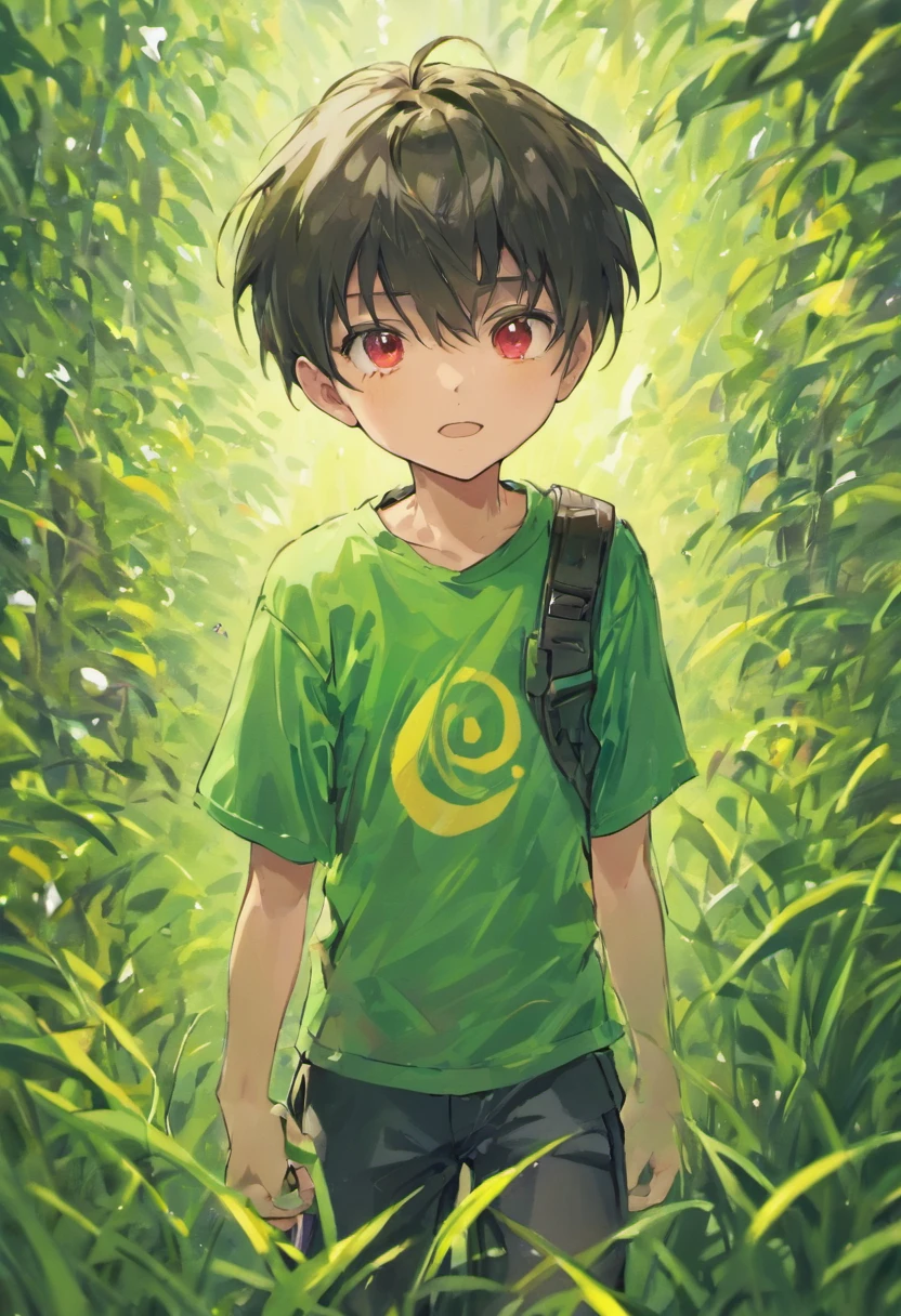 1boy,11 years old,(upper body: 1.8),short hair,T-shirt,Open your mouth and smile:1.8,hair between eyes,Black hair,Summer,red eyes,Grass, insect net, insect basket, sunlight, in front of elementary school, half pants