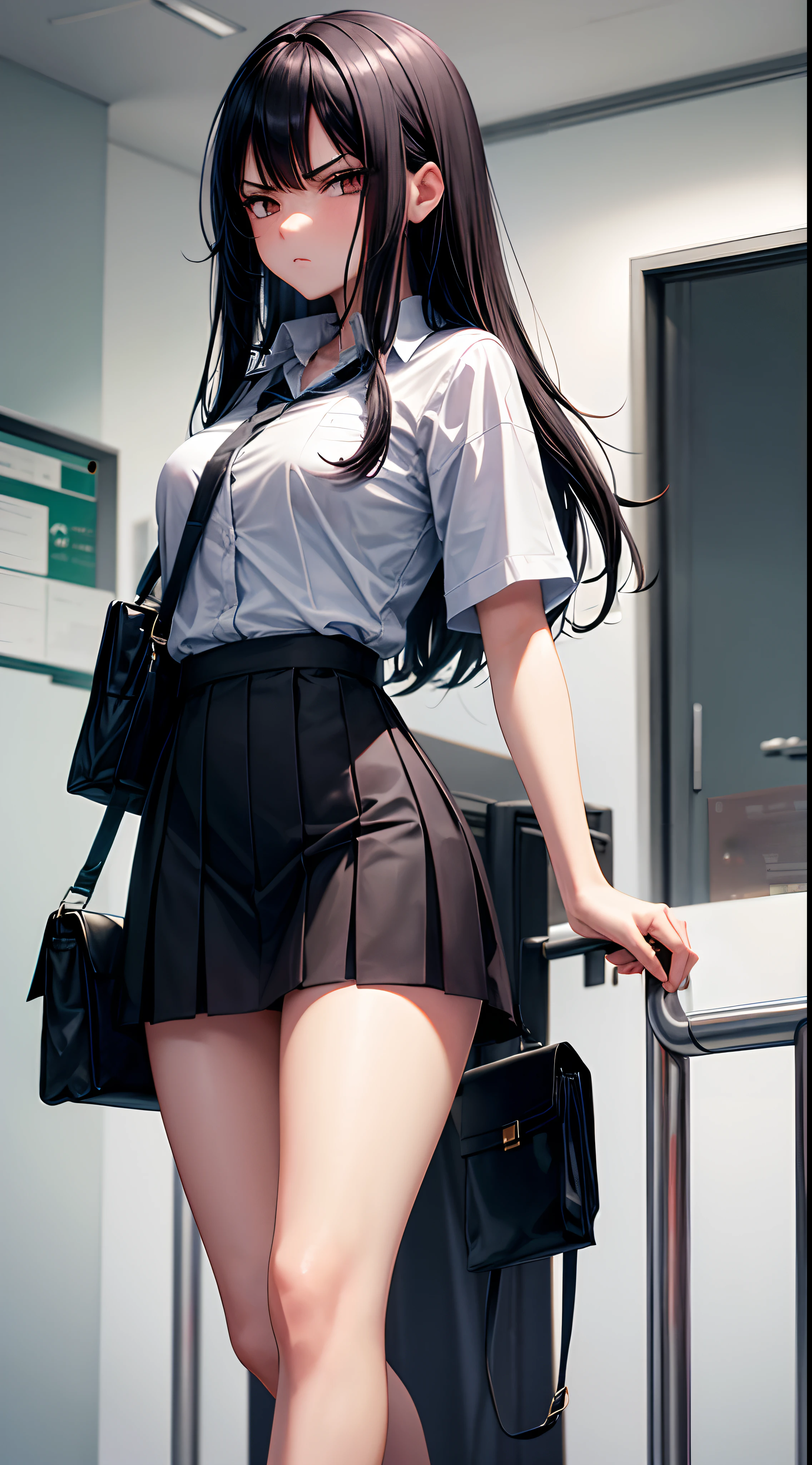 At school, a girl, frontal, long black hair, black short skirt, bag, angry, abusive, super detailed, 4k