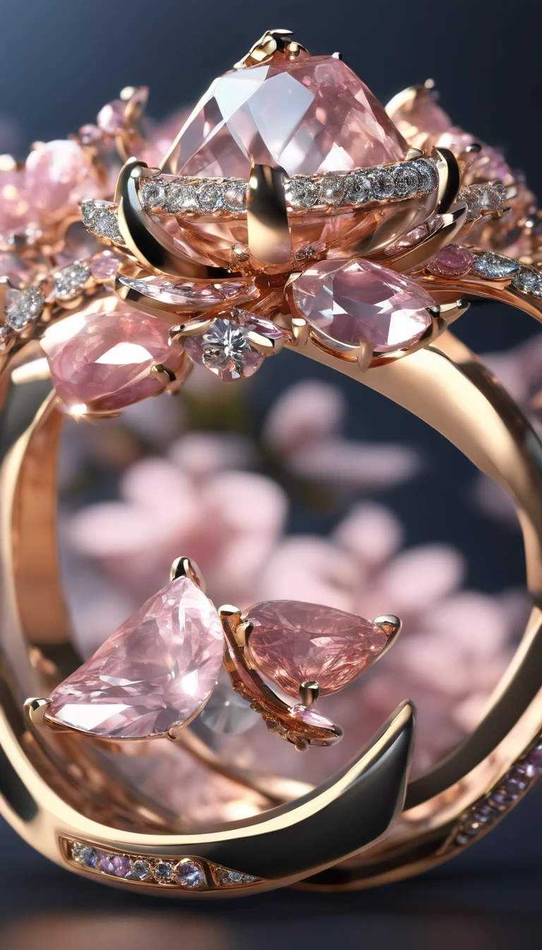a jewellery design, Sakura themed ring, Gemstones and diamonds, luxury goods, closeup cleavage, product-view, trending on artstationh, CGSesociety, hyper qualit, Digital art, Exquisite ultra-details, 4K, gentle illumination, Dreamy, Fashion, unreal engine rendered
