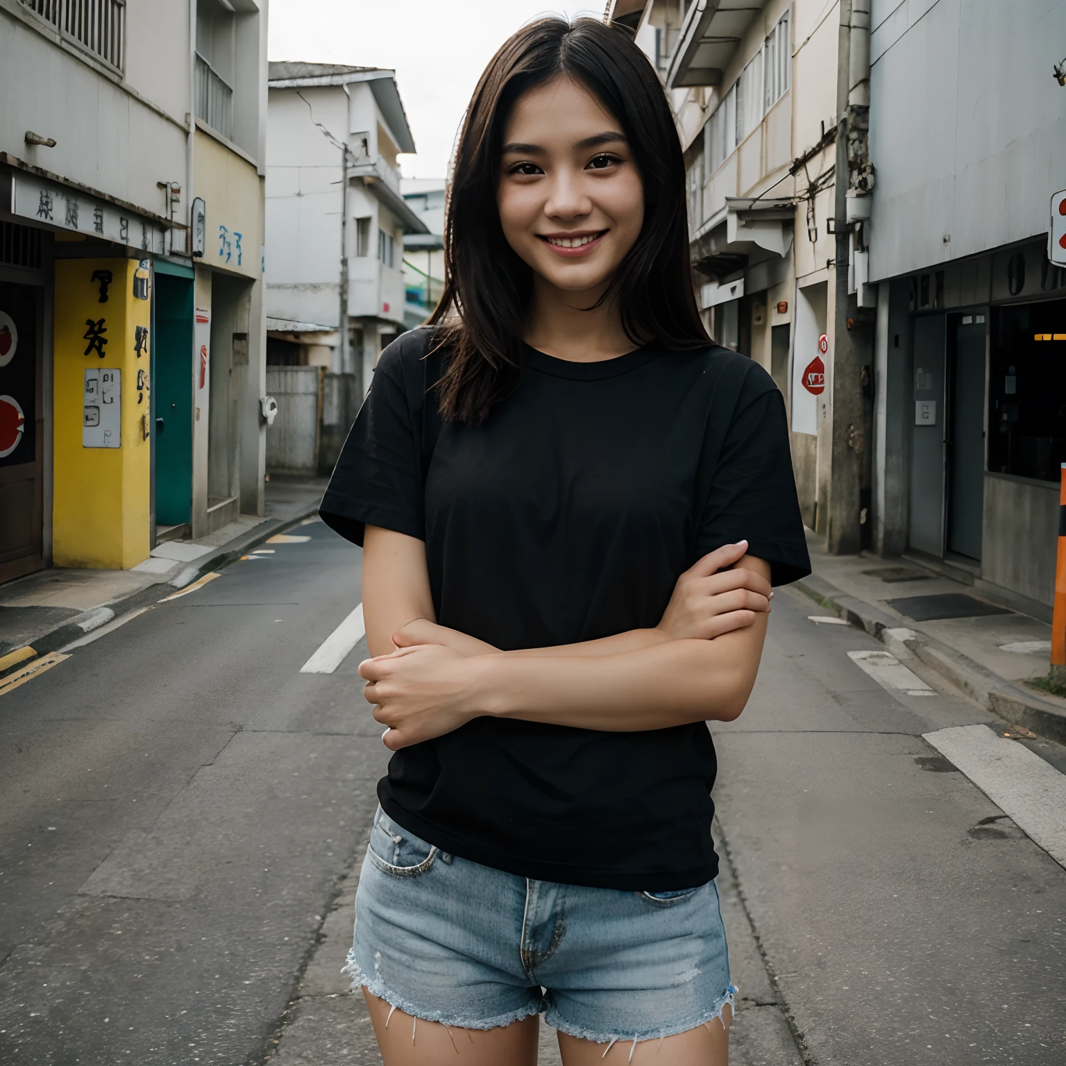 a black T-shirt　A dark-haired　Street style　Okinawa　Smile
