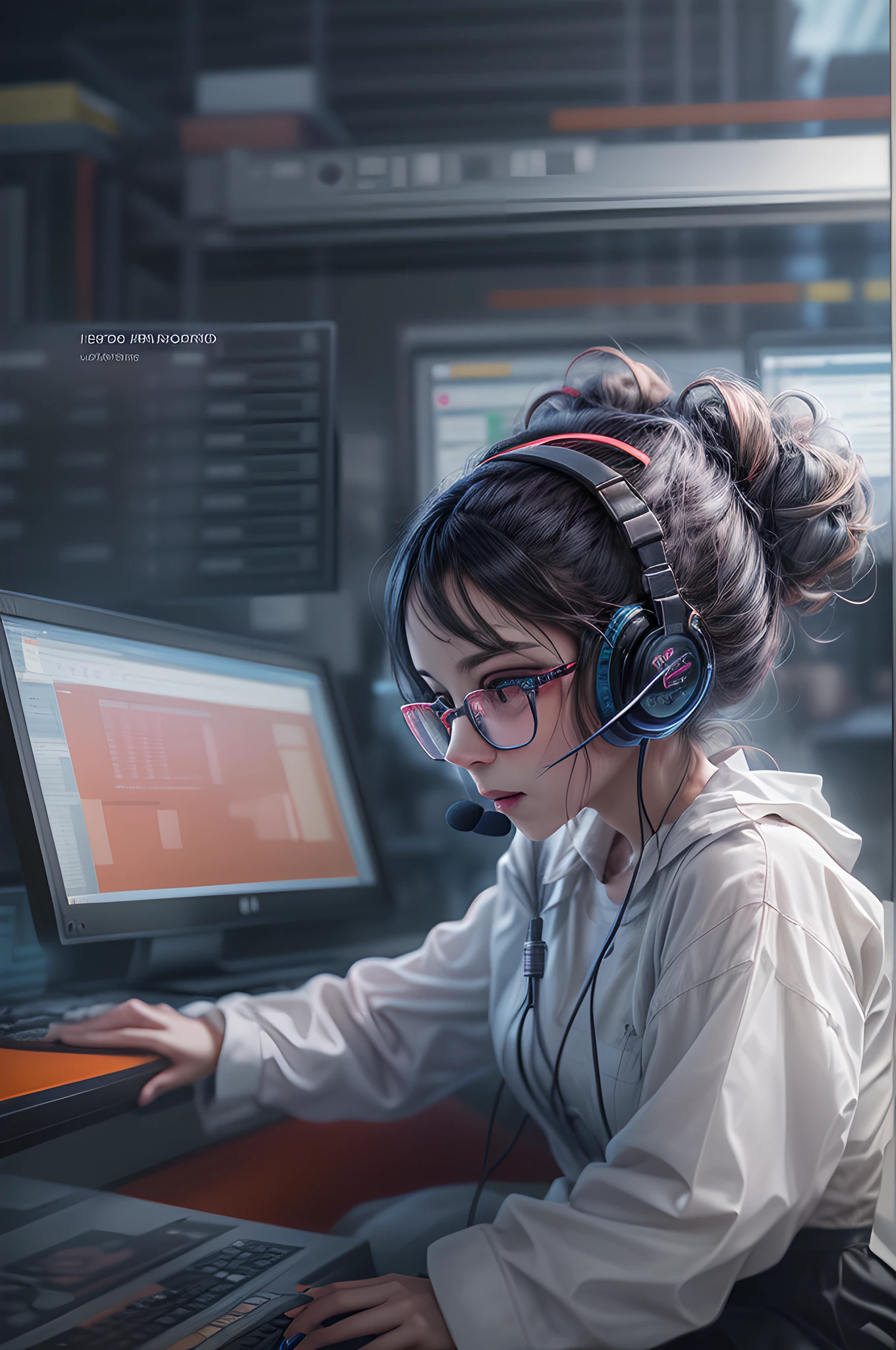 photograph, RAW, , Best Detailed, picture of a tech wizard, there is a woman sitting working on the commuters in a large room, with 4 computer screens, she  has the best computer equipment, she sits in a high tech room, she has black hair in a bun, she wears headset, and microphone, rimmed glasses, wearing white shirt, wearing red skirt, wearing high heels, high tech laboratory background, ultra best realistic, best details, best quality, 16k, [ultra detailed], masterpiece, best quality, (extremely detailed), ultra wide shot, photorealism, depth of field, hyper realistic painting,