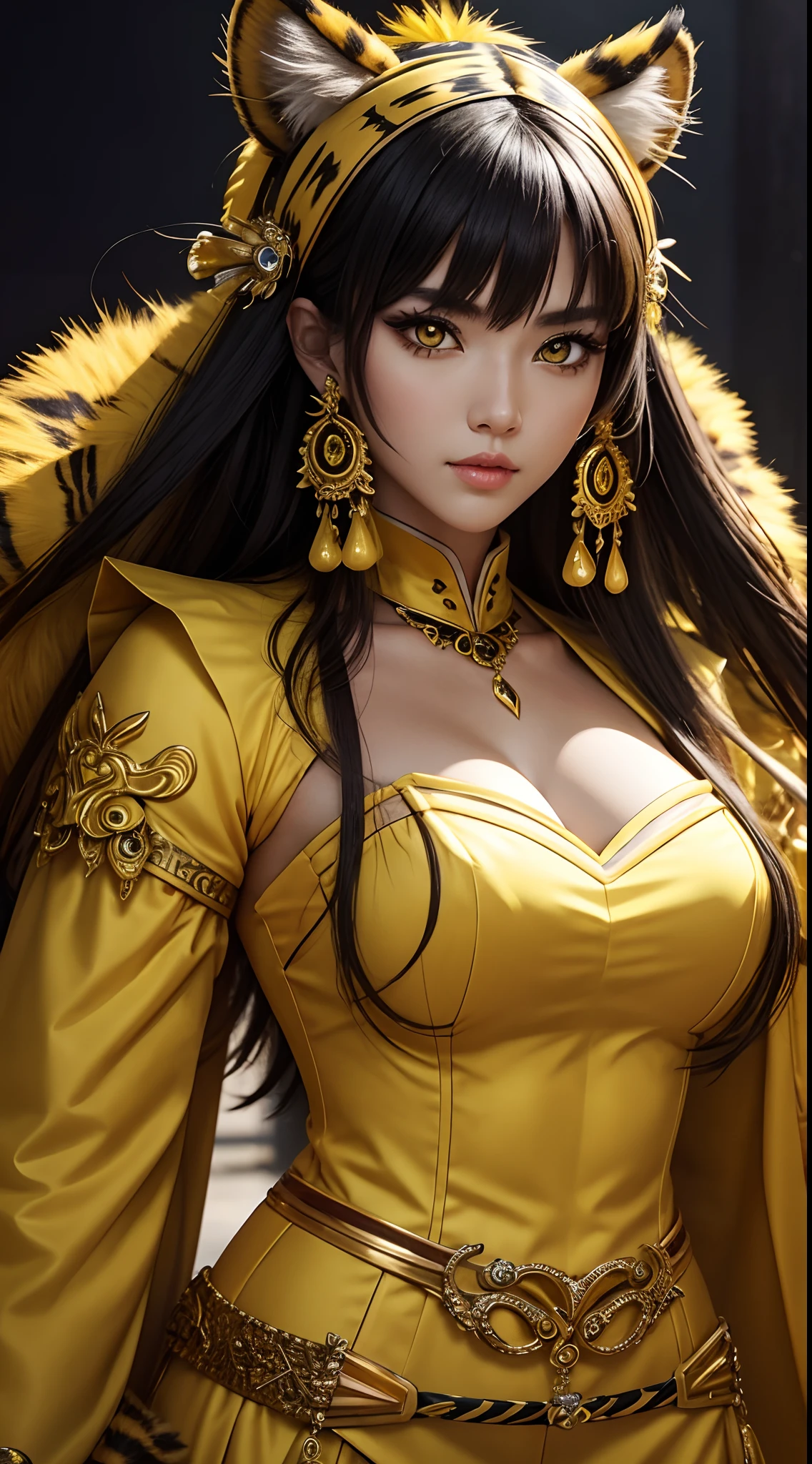 She is a tiger beastman、She is so beautiful、Yellow eyes、Yellow flashy national costume、Fancy accessories、Lots of accessories、