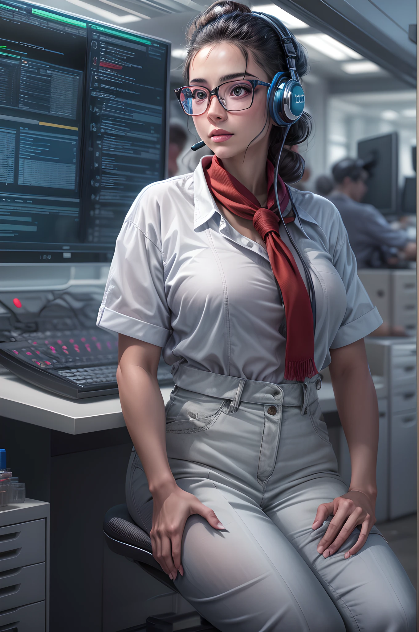 photograph, RAW, , Best Detailed, picture of a tech wizard, there is a woman sitting working on the commuters in a large room, with 4 computer screens, she  has the best computer equipment, she sits in a high tech room, she has black hair in a bun, she wears headset, and microphone, rimmed glasses, wearing white shirt, wearing red skirt, wearing high heels, high tech laboratory background, ultra best realistic, best details, best quality, 16k, [ultra detailed], masterpiece, best quality, (extremely detailed), ultra wide shot, photorealism, depth of field, hyper realistic painting,