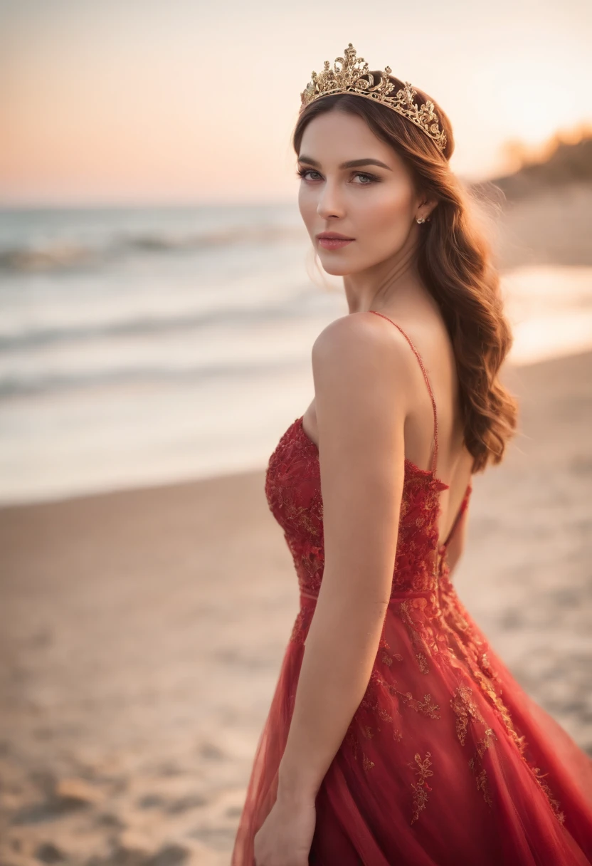 red and gold dress tiara on the beach