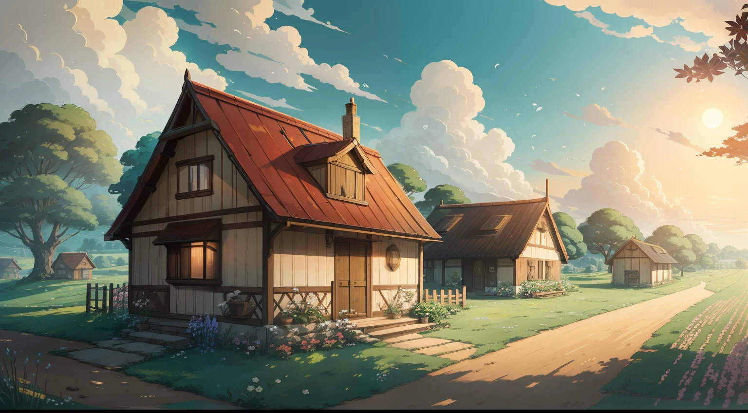 Give me a House in the countryside in summer background, colony, anime style