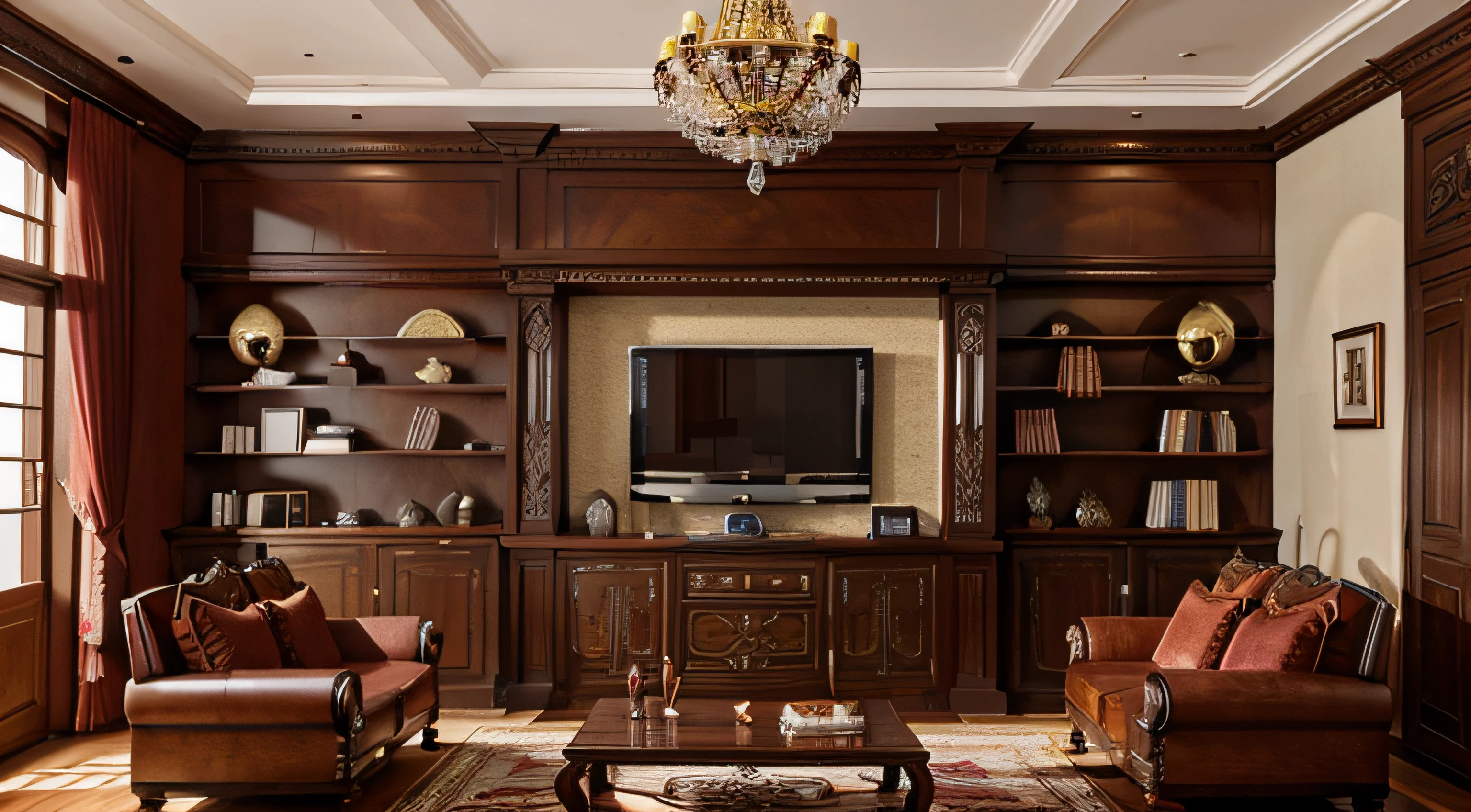 liveroom,Mahogany decoration,Tibetan style,Tibetan tumbling,Duo Bao Ge Division,TV wall decoration cabinet,Tibetan sofa,40 sqm living room,European wallpapers,Roman columns,Mahogany style,Solid wood ceiling,Carved mahogany ceiling
