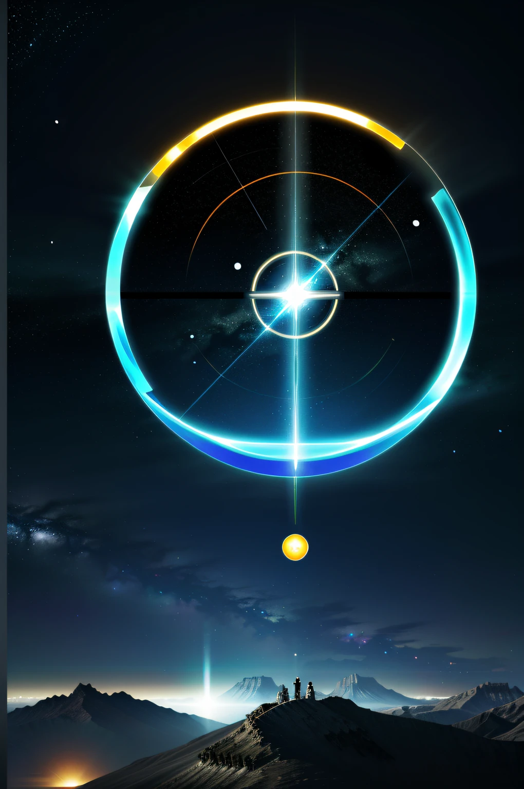 Glowing energy energy circle。 Metallic。Placed vertically between the open mountains and the sea 。Sense of space, Outer space science fiction