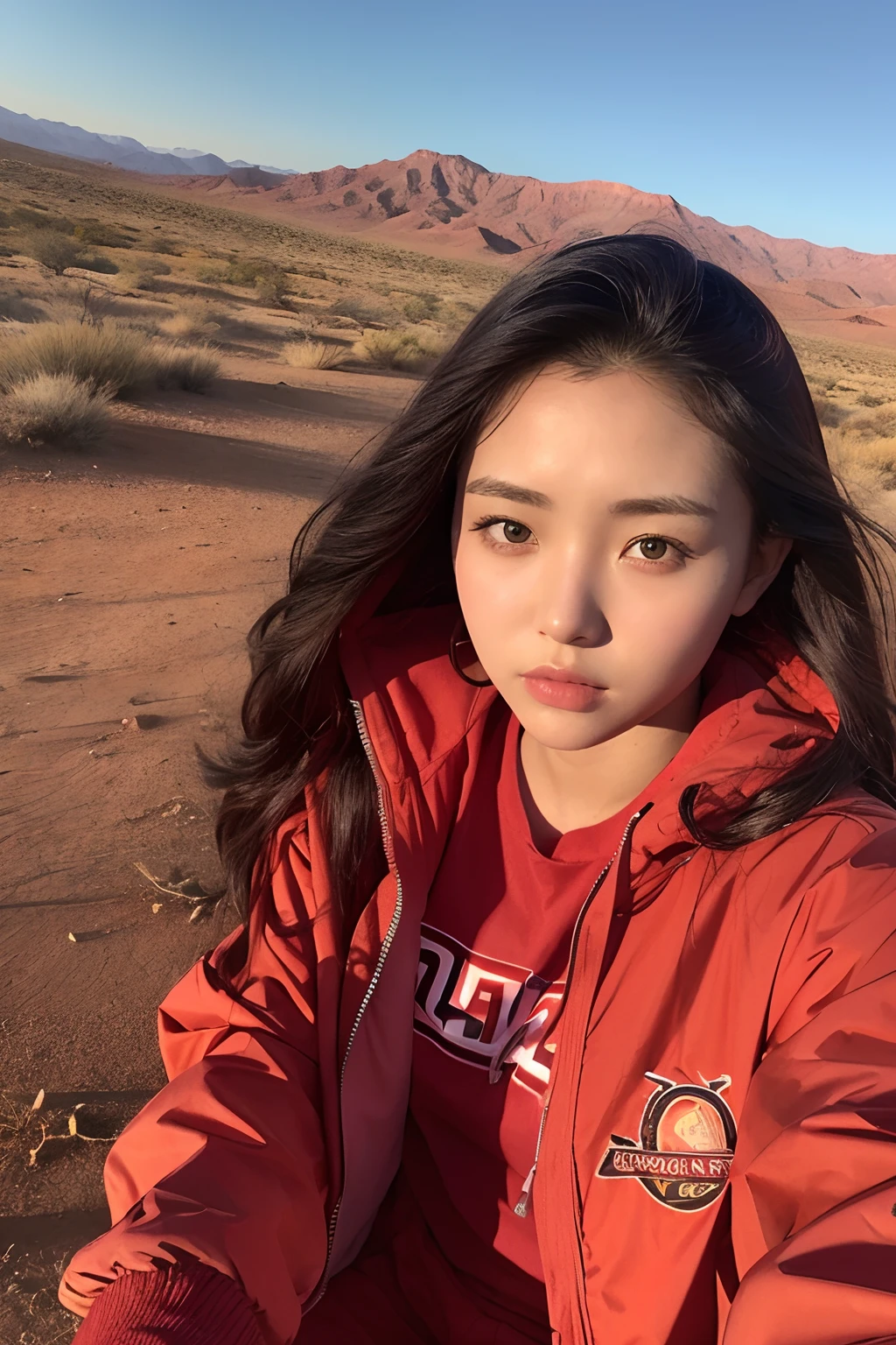 A 20-year-old woman, Wear a red windbreaker, The background is desert, setting sun..
