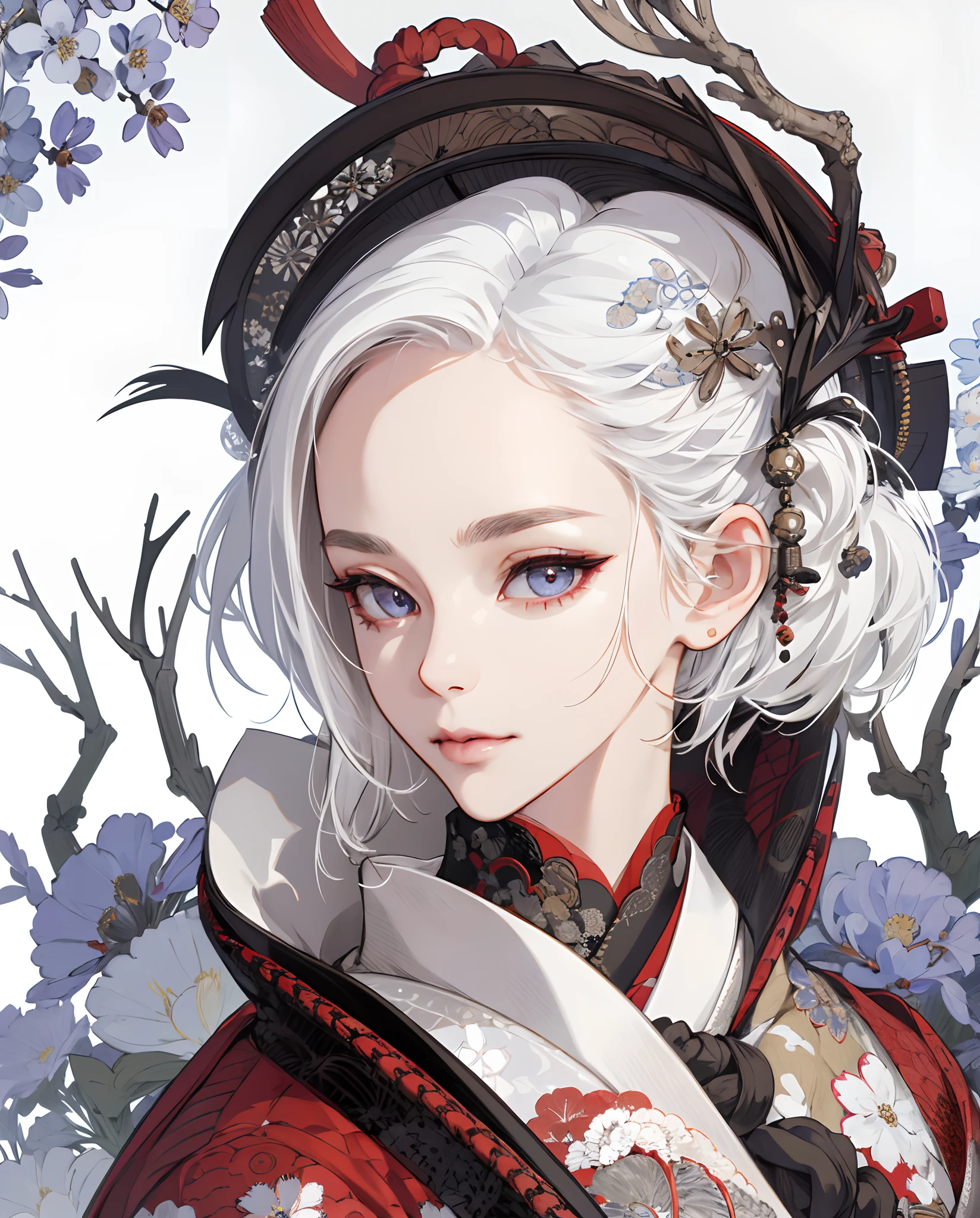 (absurd, highres, ultra detailed), 1girl, mature woman, intricate details, enlarged textures, intricate details, finely detailed eyes and detailed face, intricate details, white hair, (closed mouth), (perfect eyes, matching eyes), ( (Japanese clothes))
