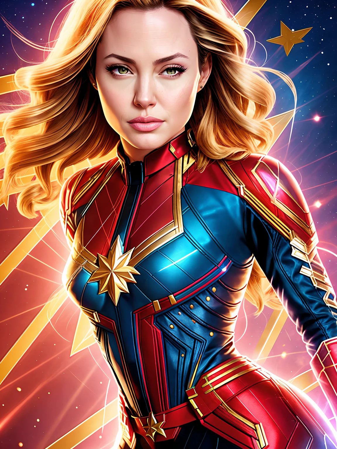 Angelina jolie As captain marvel,captain marvel style, realistic, 8k, detailed, professional