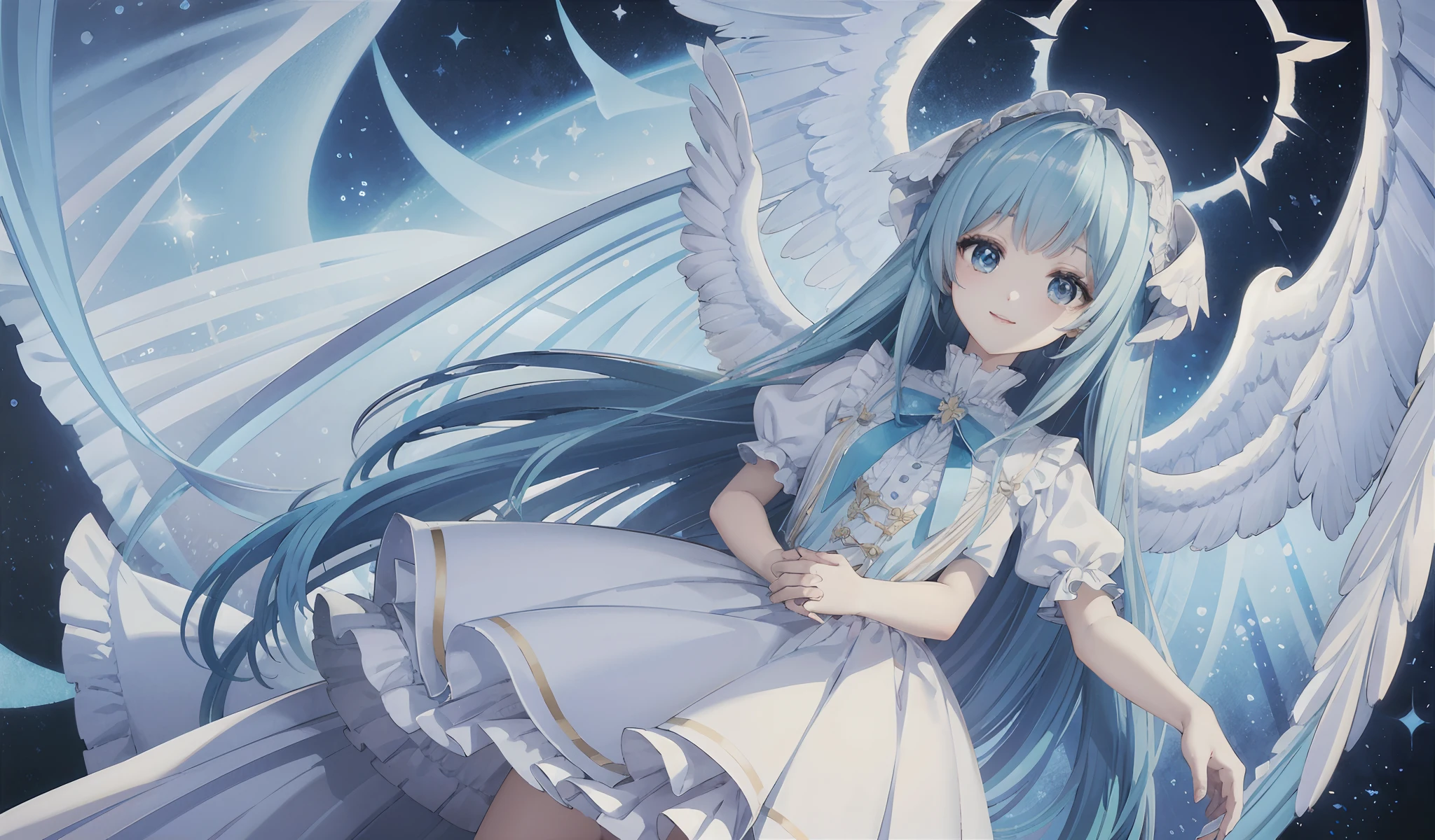 Big big wings of angels shining in seven colors、1 kawaii girl、adorable smiling、Light blue long hair、Twin-tailed、Colorful angel costume in white and blue ta style with lots of frills、((top-quality))、((masterpiece))、(ighly detailed、highestdetailed、Official art、Beautifully Aesthetic:1.2)