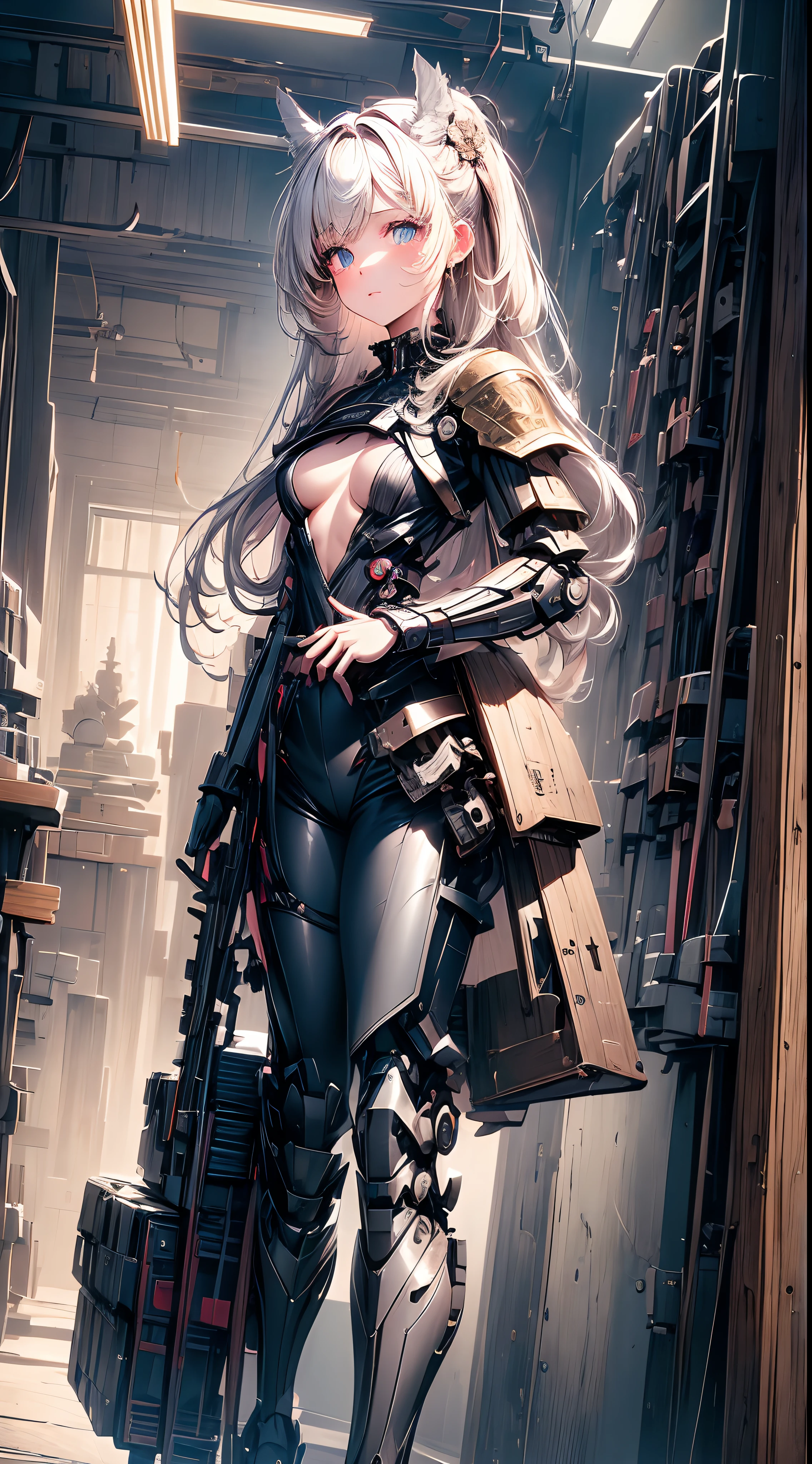 (((​masterpiece)))、((top-quality))、(The ultra-detailliert)、(CG Illustration)、(Very Beautiful Little Girl))、Cinematic Light、((1 Mechanical Girl))、 scientific fiction、Apocalypse、Erotic grotesque、research institute(Beautiful and indulgent:1.2)、(1girl in:1.3)、Have a machine gun,Facing the front,
