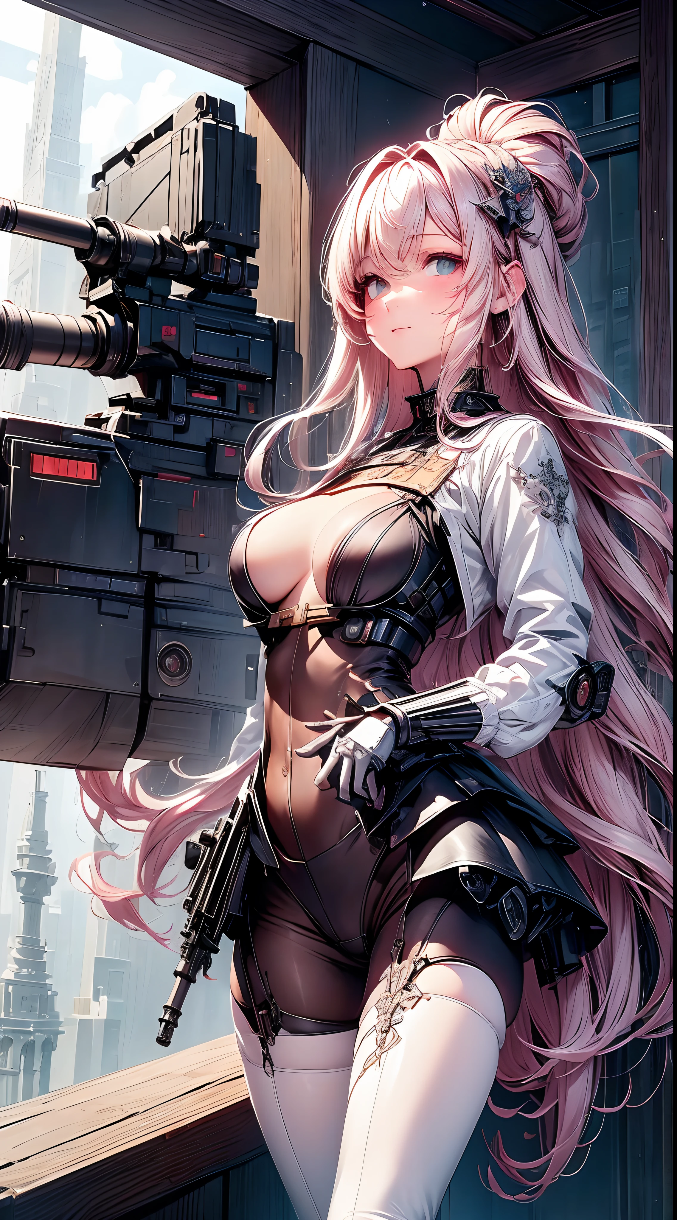 (((masterpiece)))、((top-quality))、(The ultra-detailliert)、(CG Illustration)、(Very Beautiful Little Girl))、Cinematic Light、((1 Mechanical Girl))、 scientific fiction、Apocalypse、Erotic grotesque、research institute(Beautiful and indulgent:1.2)、(1girl in:1.3)、Have a machine gun,Facing the front,