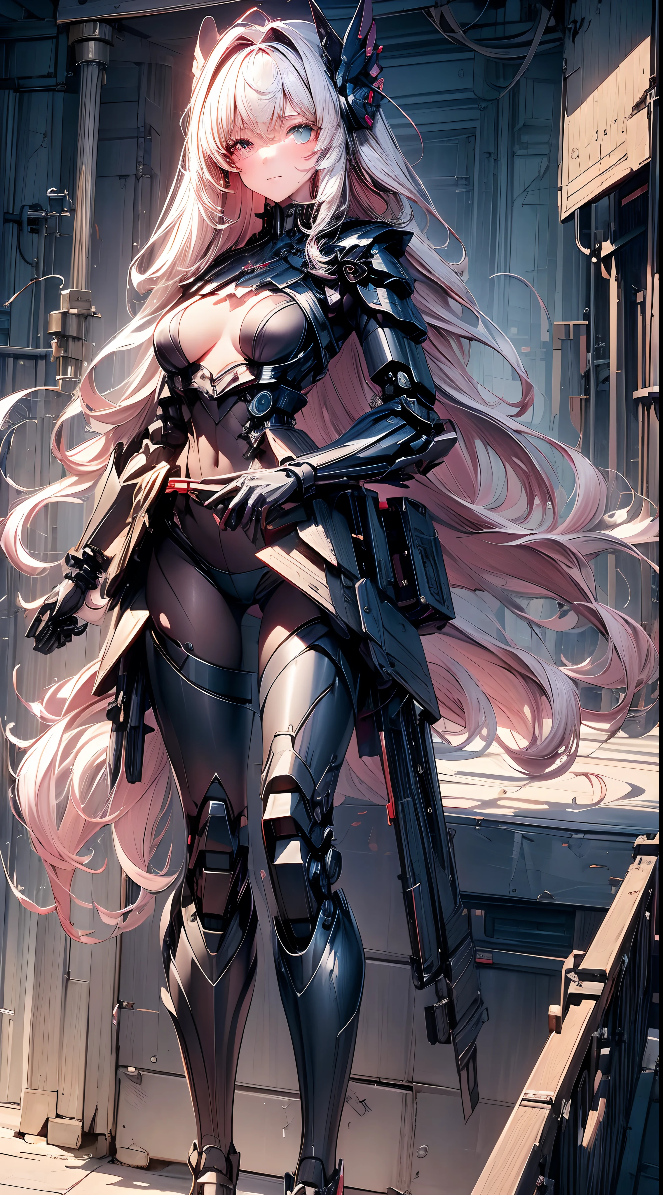 (((masterpiece)))、((top-quality))、(The ultra-detailliert)、(CG Illustration)、(Very Beautiful Little Girl))、Cinematic Light、((1 Mechanical Girl))、 scientific fiction、Apocalypse、Erotic grotesque、research institute(Beautiful and indulgent:1.2)、(1girl in:1.3)、Have a machine gun,Facing the front,