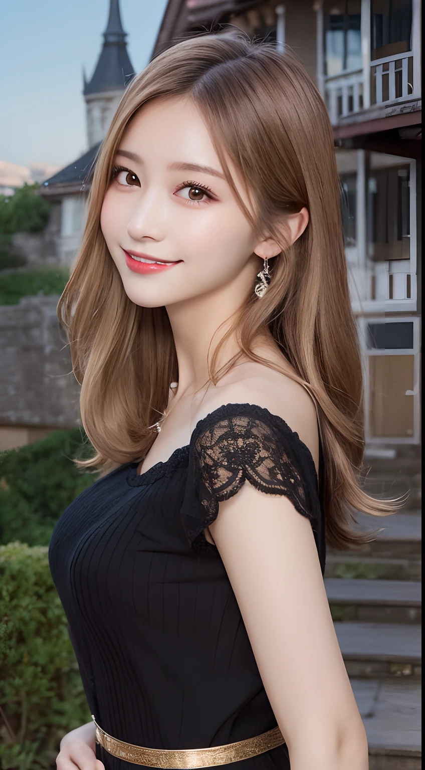 masutepiece, Best Quality, Illustration, Ultra-detailed, finely detail, hight resolution, 8K Wallpaper, Perfect dynamic composition, Beautiful detailed eyes, doress,Medium Hair, mid-chest, Natural Color Lip, Random and sexy poses,Smile,Tower Mansion
