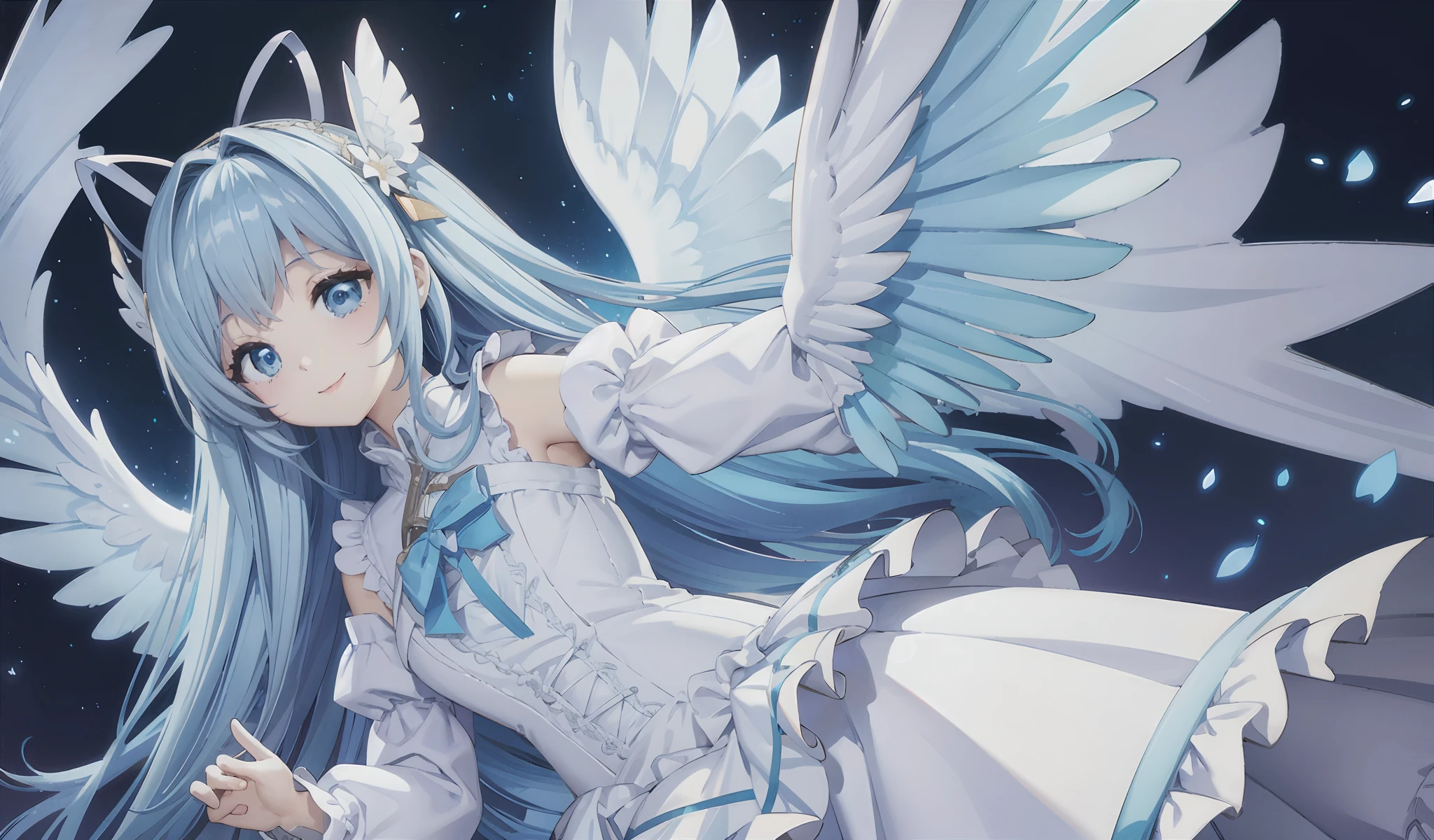 Big big wings of angels shining in seven colors、1 kawaii girl、adorable smiling、Light blue long hair、Twin-tailed、Colorful angel costume in white and blue Lolita style with lots of frills、((top-quality))、((masterpiece))、(ighly detailed、highestdetailed、Official art、Beautifully Aesthetic:1.2)