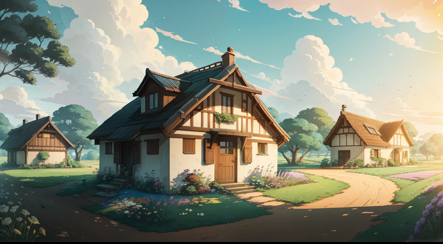 Give me a House in the countryside in summer background, colony, anime style