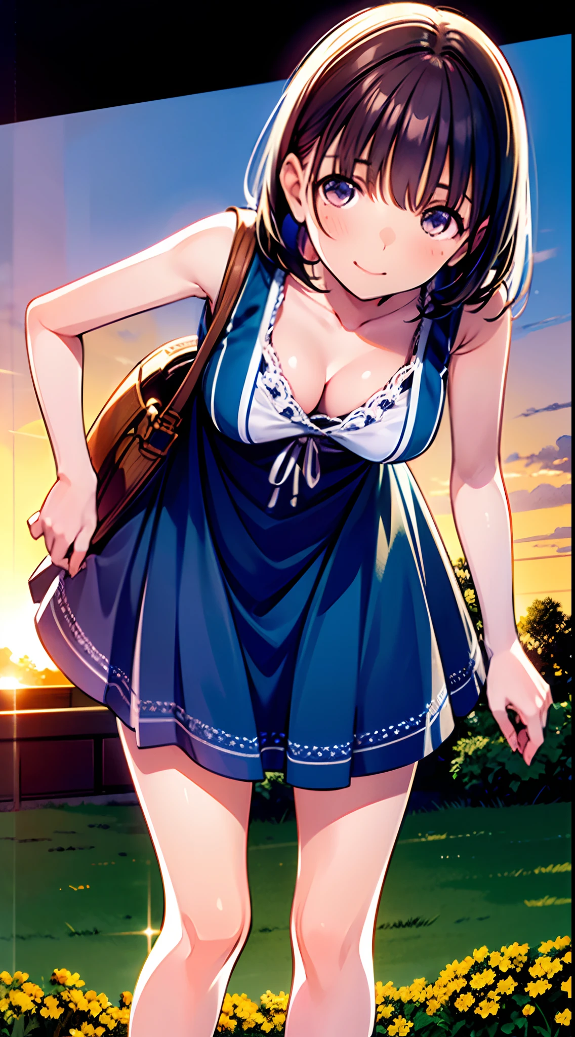 (masutepiece), (pantypull, Undressing, frombelow) , Leaning forward, 1girl in, Beautiful face, Brown hair in the middle , Photo taken by SLDR, Happy, high detailed face, Soft light, , Summer dress), Soft skin, (Sunset, the golden hour)