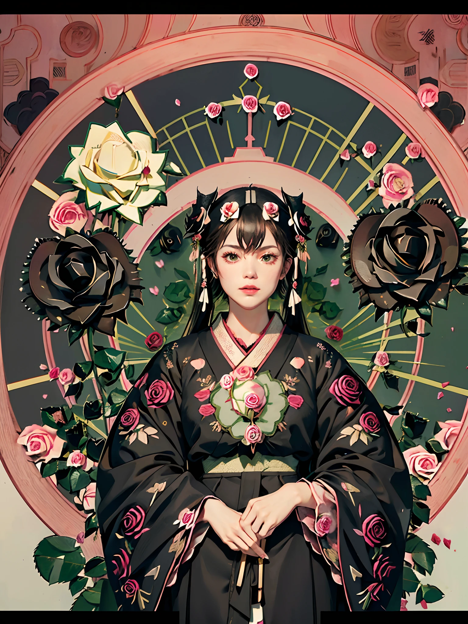 rokoko:1.5,Background of details(Japanese garden(rose:1.8)),BREAK ,elaborate costume(Luxury kimono(Black kimono(detailed embroidery(Black rose embroidery:1.2)))),BREAK,1 Beautiful and classy adult woman(Japanese actressl:1.2)(shinny hair(A black,verdant),(poneyTail:1.2))(Arms outstretched),BREAK,Wallpapers 16K,Blur the background,(masutepiece:1.5), (Best Quality:1.5),(Portrait photos:1.5),(full body Esbian:1.5)