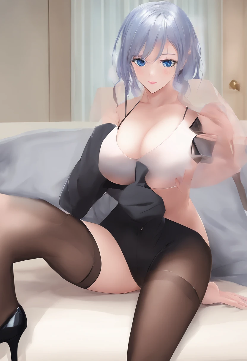1girl, (Blue Eyes), smiling, (Sana Minatozaki), wide hips, Big Boobs, big ass, (Best Quality, 8k, Masterpiece: 1.3), perfect hands, Clear Focus: 1.2, Perfect Body Beauty: 1.4 , Slender Abs: 1.2, Highly detailed face and skin texture, detailed eyes, double eyelids, (blonde long hair with bangs), (high waist thong), (long stockings with high heels :1.3), standing, dynamic pose, in hotel room naked