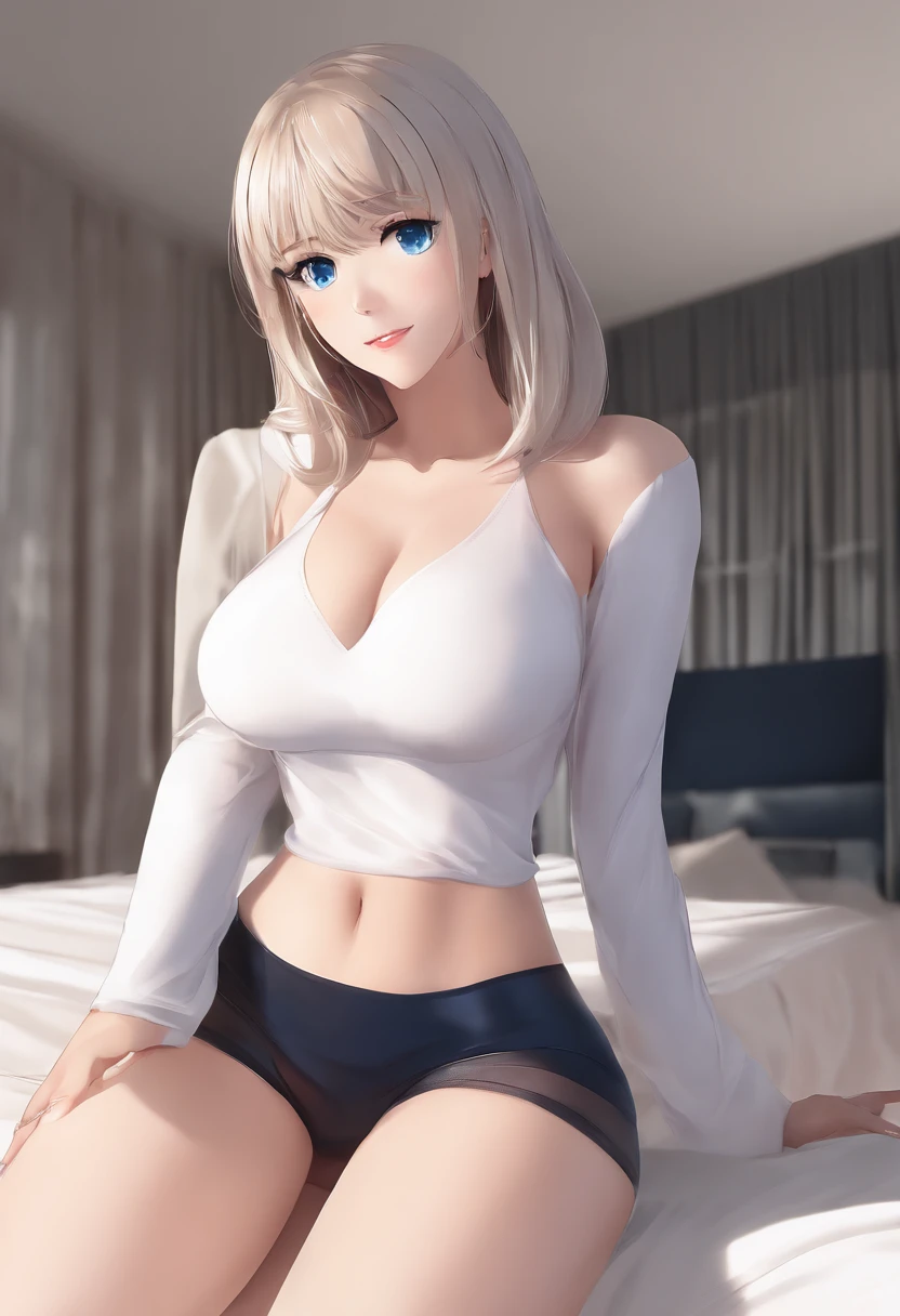 1girl, (Blue Eyes), smiling, (Sana Minatozaki), wide hips, Big Boobs, big ass, (Best Quality, 8k, Masterpiece: 1.3), perfect hands, Clear Focus: 1.2, Perfect Body Beauty: 1.4 , Slender Abs: 1.2, Highly detailed face and skin texture, detailed eyes, double eyelids, (blonde long hair with bangs), (high waist thong), (long stockings with high heels :1.3), standing, dynamic pose, in hotel room naked
