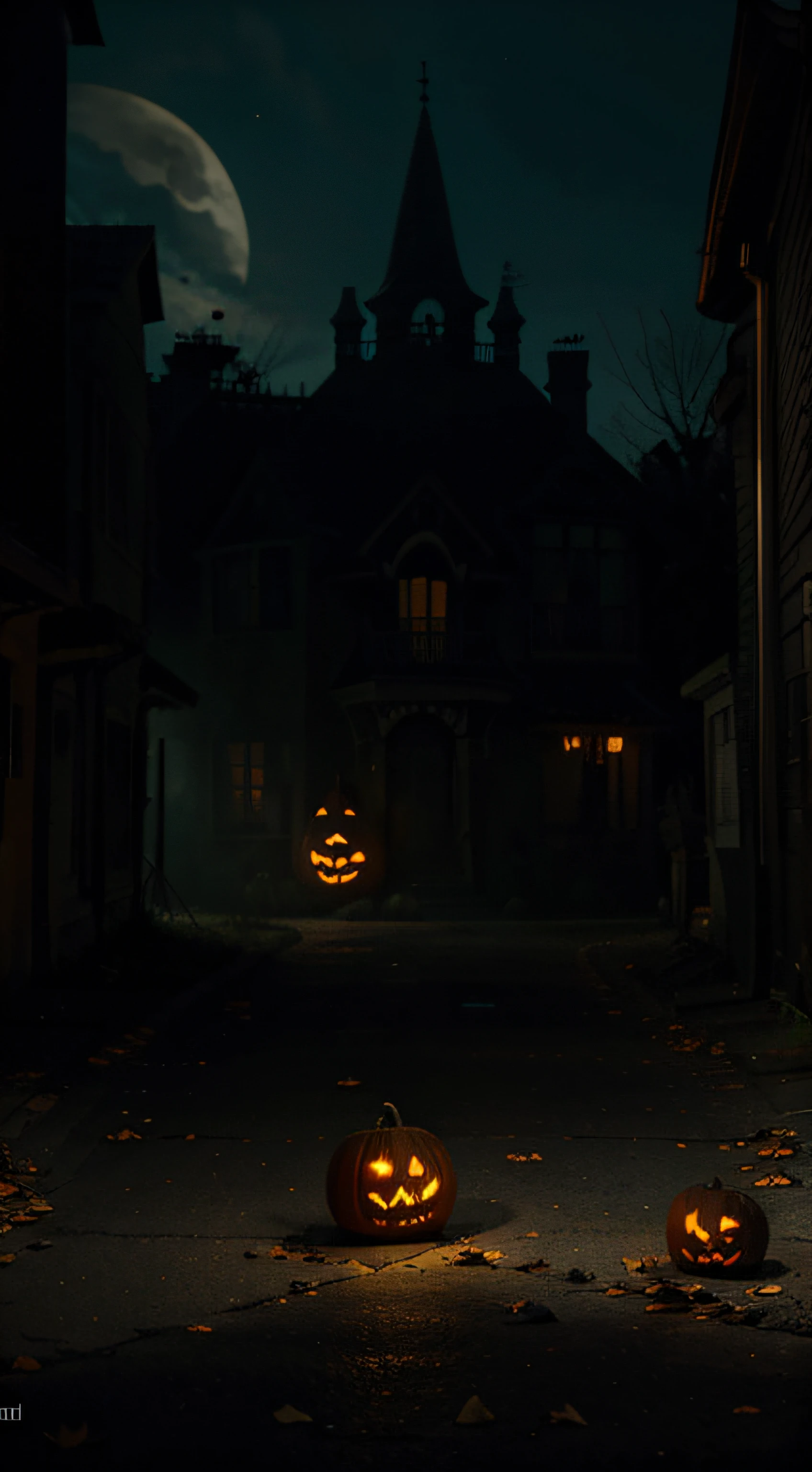 a creepy and eery Halloween setting, with Jack o lanterns on the street and shadow figures lurking about, dynamic lighting, photorealistic fantasy concept art, stunning visuals, creative, cinematic, ultra detailed, trending on art station, spooky vibe