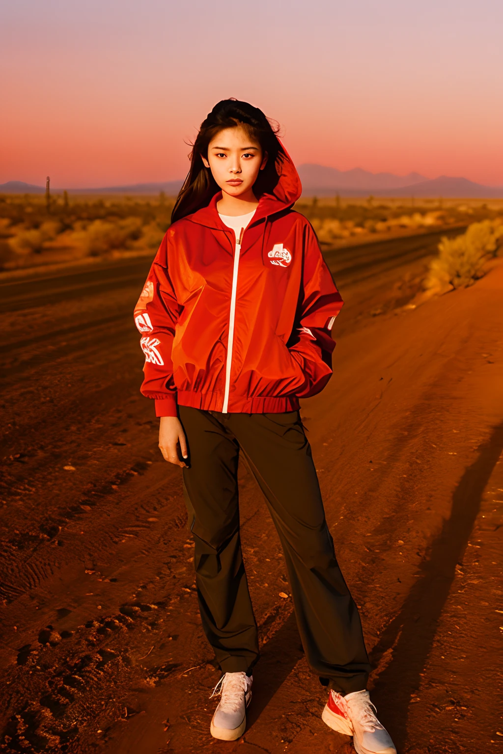 A 20-year-old woman, Wear a red windbreaker, The background is desert, setting sun..