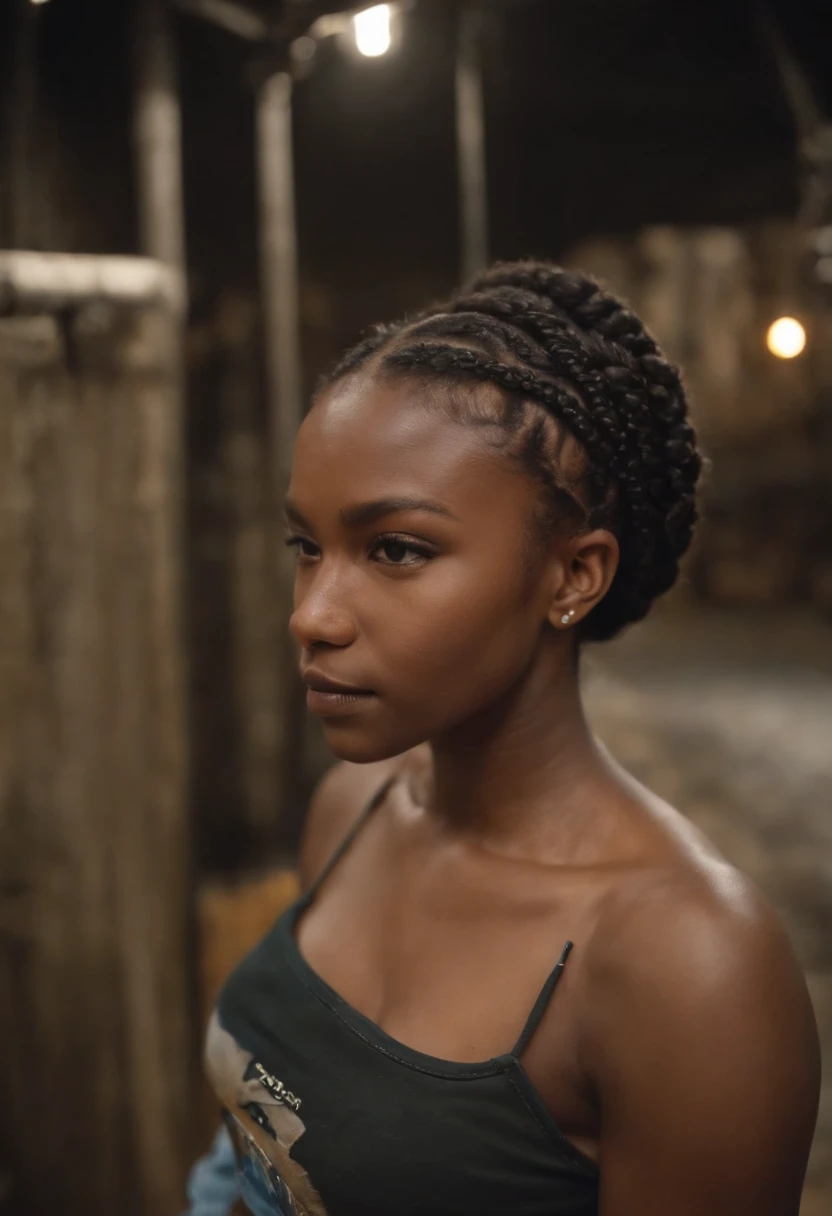 garota negra, alto, gorgeous, afrodescendente, 18 anos, Pelé Lisa, Plaits Hair. jaqueta de couro preta, Working on the underground base, altamente detalhado, bem iluminado, 8k, Artifact review, segurando um chicote longo. amazing detail, corpo inteiro,