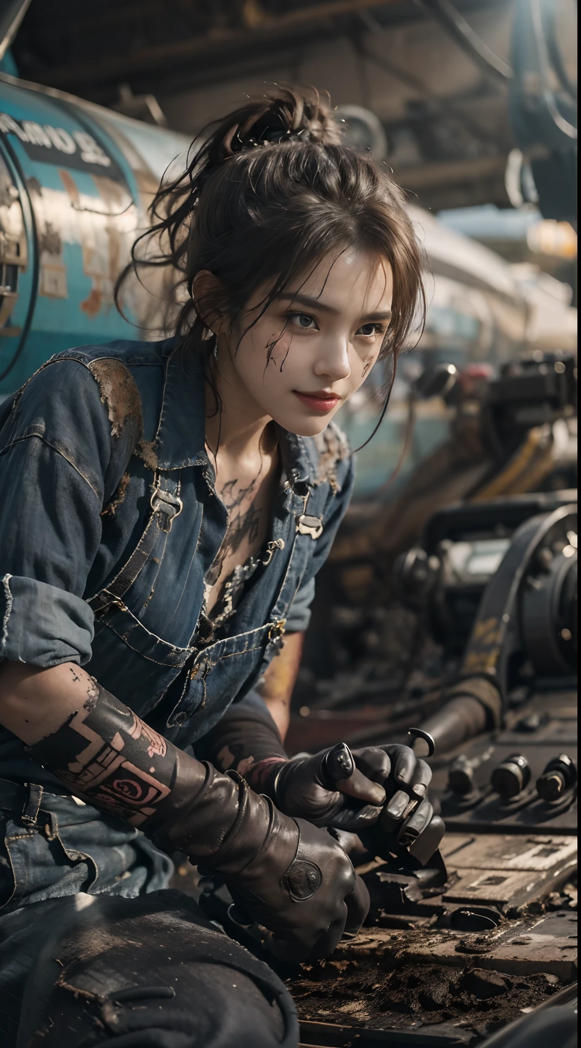 ((best quality)), ((masterpiece)), (detailed), mesmerizing and alluring female mechanic covered in grease,Confident smile
， (Dirty and rugged charm:1.2), (tough and confident demeanor:1.1), (mechanical expertise:1.3), disheveled hair, smudged face with a playful smirk, stained overalls clinging to her curves, (gritty tools of the trade:1.2), cluttered repair shop, scattered fighter plane parts, (authentic fighter plane ambiance:1.2), (intense gaze:1.1), gripping a wrench in her dirty hands, 8k resolution,looking at another, looking away,( tattoo:1.2), masterpiece, best quality,Photorealistic, ultra-high resolution, photographic light