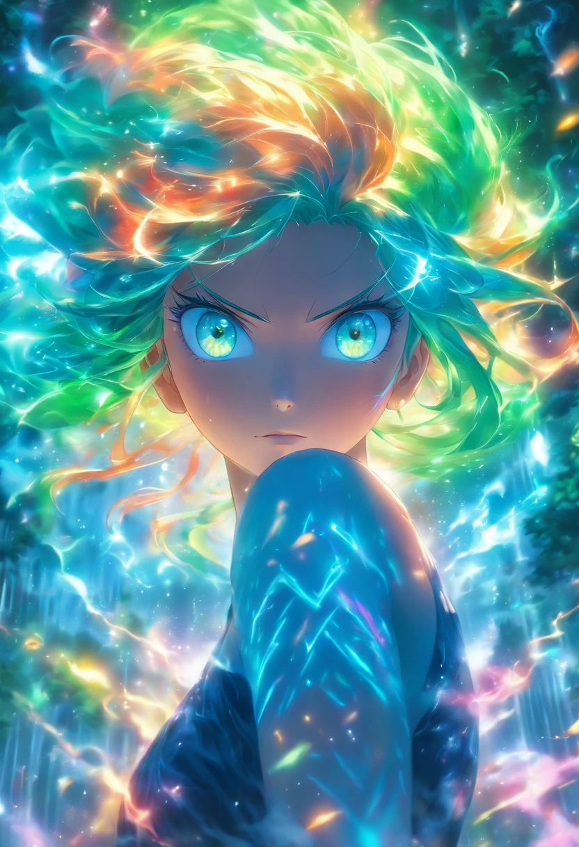 (Best Quality,4K,8K,hight resolution,masutepiece:1.2),Ultra-detailed,(Realistic,Photorealistic,Photorealsitic:1.37),Woman with glowing blue-green eyes,rainbow-colored hair,Cast glowing spells,mystical forest,Illustration,enchanting atmosphere,Vibrant colors,Soft lighting