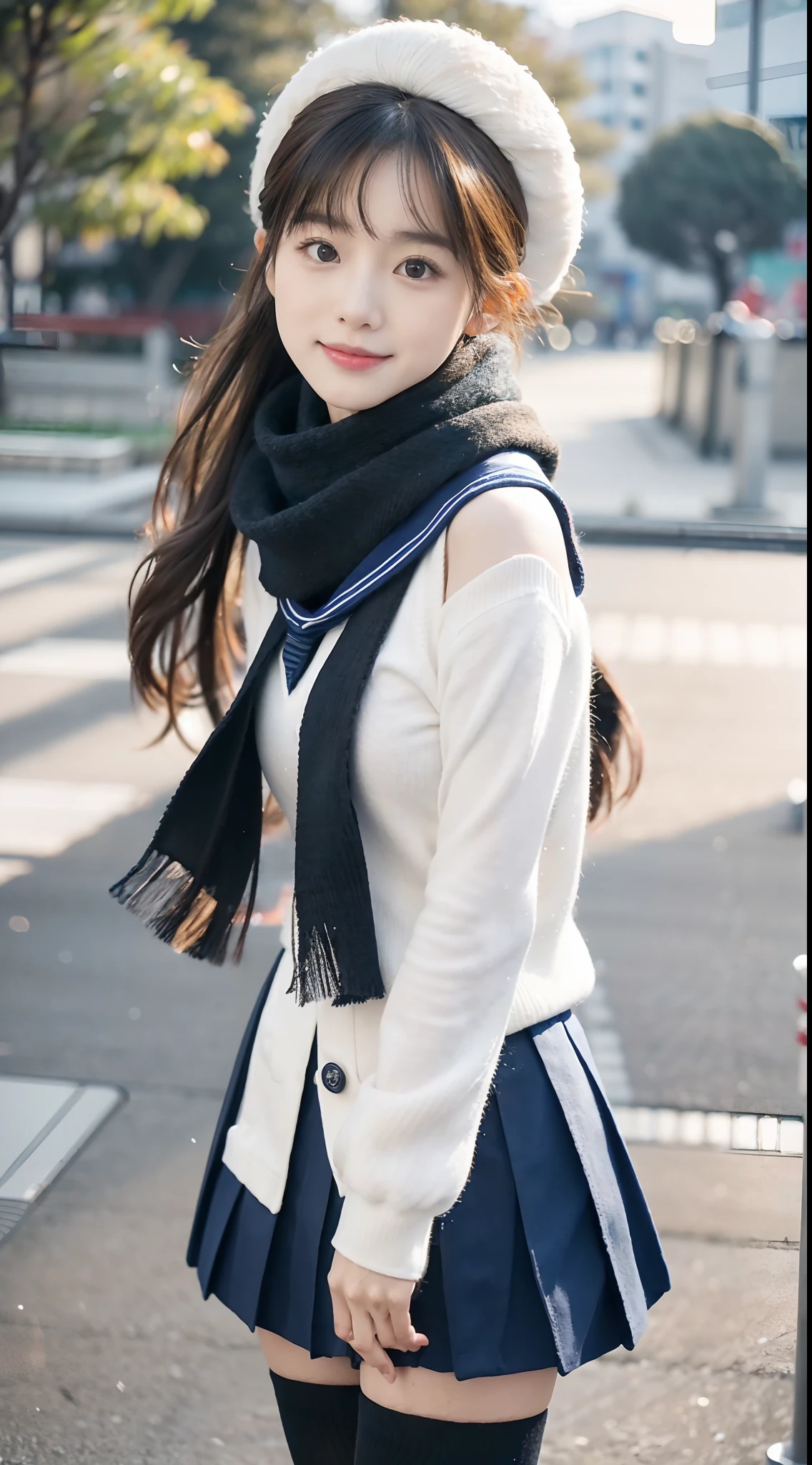 mix4, (16 K, Raw photography, Top image quality, masterpiece: 1.45), (realisitic, Photorealsitic: 1.37), one girls, 7.5, etc、Random hairstyle、Standing figure,Morning time slot、a very cute,a park,, profetional lighting, photon maping、physically-based renderingt, Gradient dark brown hair,, a handsome, Well-groomed and beautiful eyes、Large double eyelids、Very shiny、girl with, (((student clothes、Winter clothes、Sailor suit worn by Japan girl、Navy blue sailor color、scarf、a miniskirt, Small beret、high socks、lowfers))), Top Quality Photos, hight resolution, 1080p, (clearface), (Detailed face description), (Detailed hand description), (masterpiece), (Exquisite CG)、extreme light and shadows、dishevled hair、master work、abundant detail、(Fine facial features)、(top quality photo)、(masuter piece)、(A detailed eye)、Looking at the camera、Fine clavicle、((Slender big))、(((Japan schooln sailor suit)))、((Ready Idol System))、((a park、Slide、The fountain、seesaw))、(((neat and cute)))、耳Nipple Ring、A big smile、Drawing the whole body from the knees、Do not draw nasolabial folds、(((Cute sailor suit)))、(Big breasts that hang down big:1.4)、Big buttocks with tension、Two arms and two legs、(((from the front side:0.2)))、bare hand、No mask、
