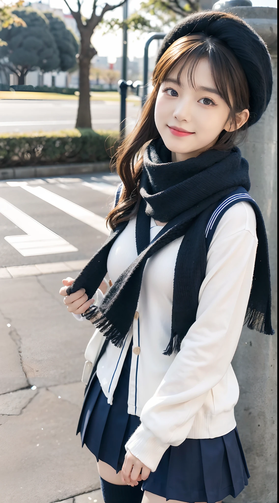 mix4, (16 K, Raw photography, Top image quality, masterpiece: 1.45), (realisitic, Photorealsitic: 1.37), one girls, 7.5, etc、Random hairstyle、Standing figure,Morning time slot、a very cute,a park,, profetional lighting, photon maping、physically-based renderingt, Gradient dark brown hair,, a handsome, Well-groomed and beautiful eyes、Large double eyelids、Very shiny、girl with, (((student clothes、Winter clothes、Sailor suit worn by Japan schoolgirl、Navy blue sailor color、scarf、a miniskirt, Small beret、high socks、lowfers))), Top Quality Photos, hight resolution, 1080p, (clearface), (Detailed face description), (Detailed hand description), (masterpiece), (Exquisite CG)、extreme light and shadows、dishevled hair、master work、abundant detail、(Fine facial features)、(top quality photo)、(masuter piece)、(A detailed eye)、Looking at the camera、Fine clavicle、((Slender big))、(((Japan schoolgirl in sailor suit)))、((Ready Idol System))、((a park、Slide、The fountain、seesaw))、(((neat and cute)))、耳Nipple Ring、A big smile、Drawing the whole body from the knees、Do not draw nasolabial folds、(((Cute sailor suit)))、(Big breasts that hang down big:1.4)、Big buttocks with tension、Two arms and two legs、(((from the front side:0.2)))、bare hand、No mask、