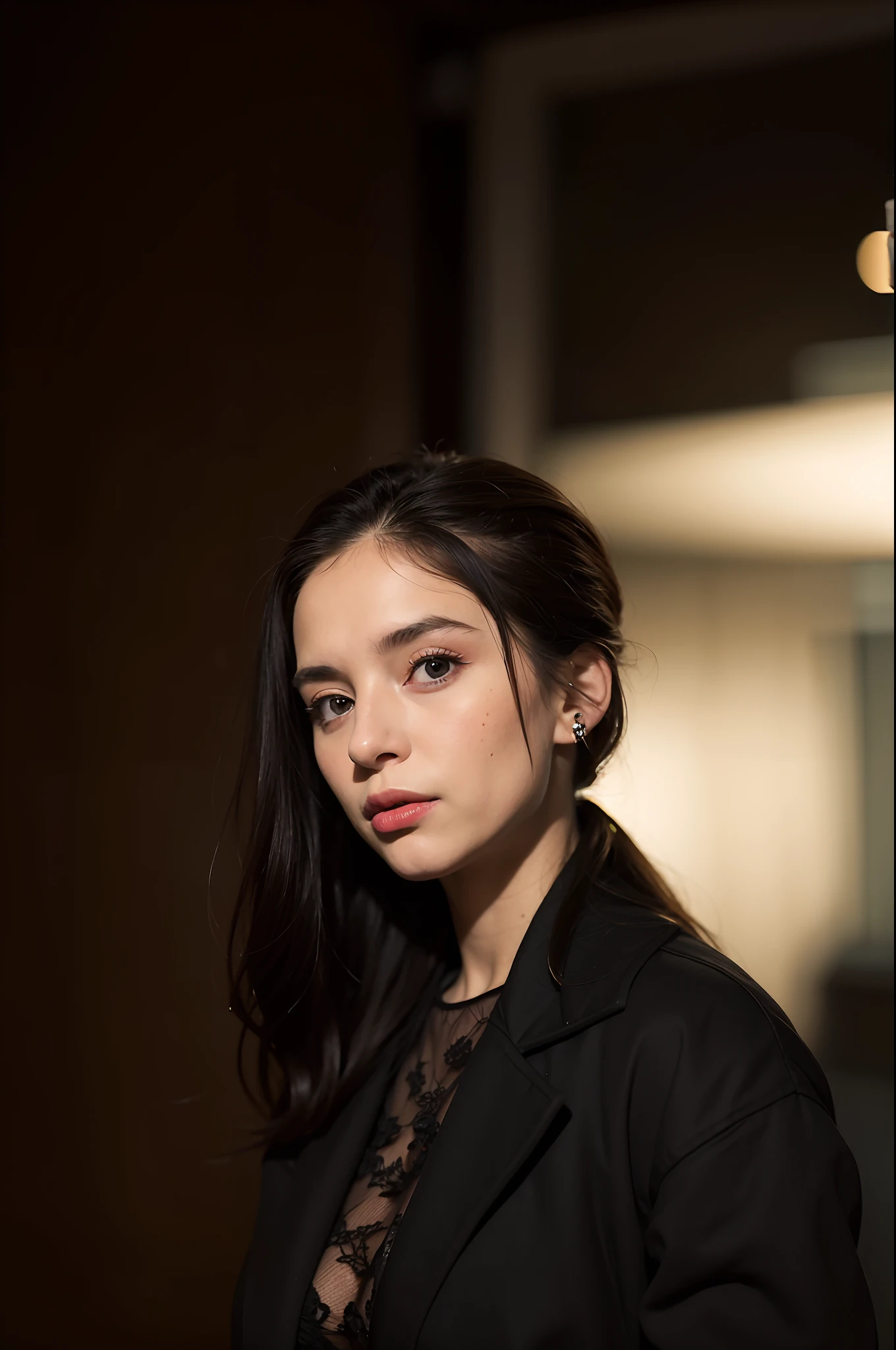 In a dark room stands a woman in a black jacket, High Quality Portrait, portrait shot 8 k, photo of young woman, soft portrait shot 8 k, by Emma Andijewska, medium portrait soft light, Editorial Portrait, aleksandra waliszewska, photo portrait, Photoshoot portrait, by Adam Marczyński, color portrait