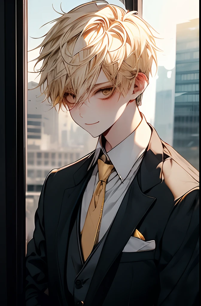 1kpop boy with tatoos, thin body, messy yellow hair, cute smile, fade cut hair, business suit, jacket, white shirt, necktie, pants, best quality, hires, detailed face, office, buildings from window, detailed background, diffused sunlight, depth of field, bokeh, photographic shot